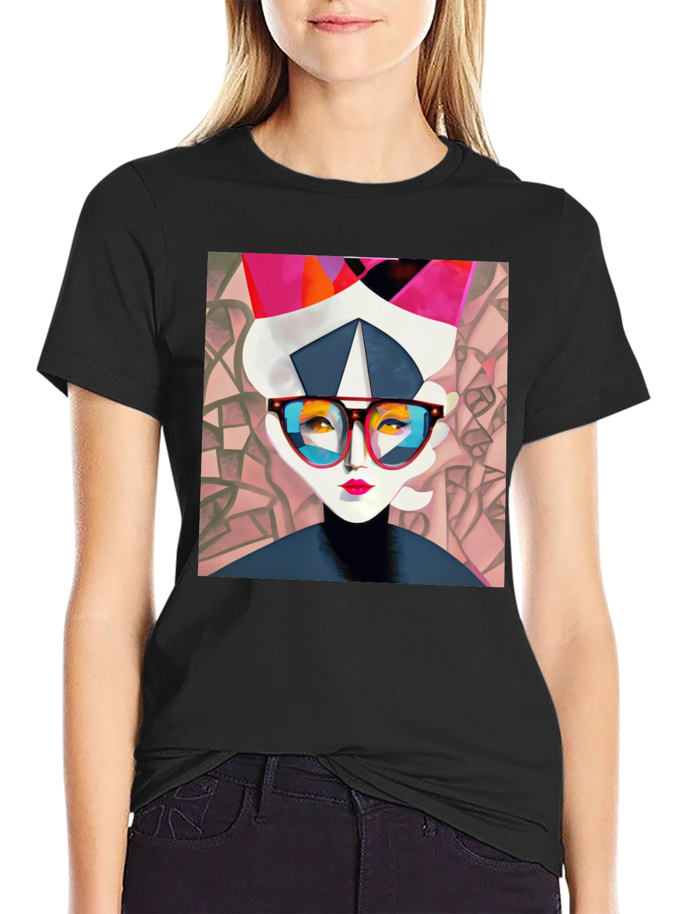 Abstract Woman Graphic Print Black Tee