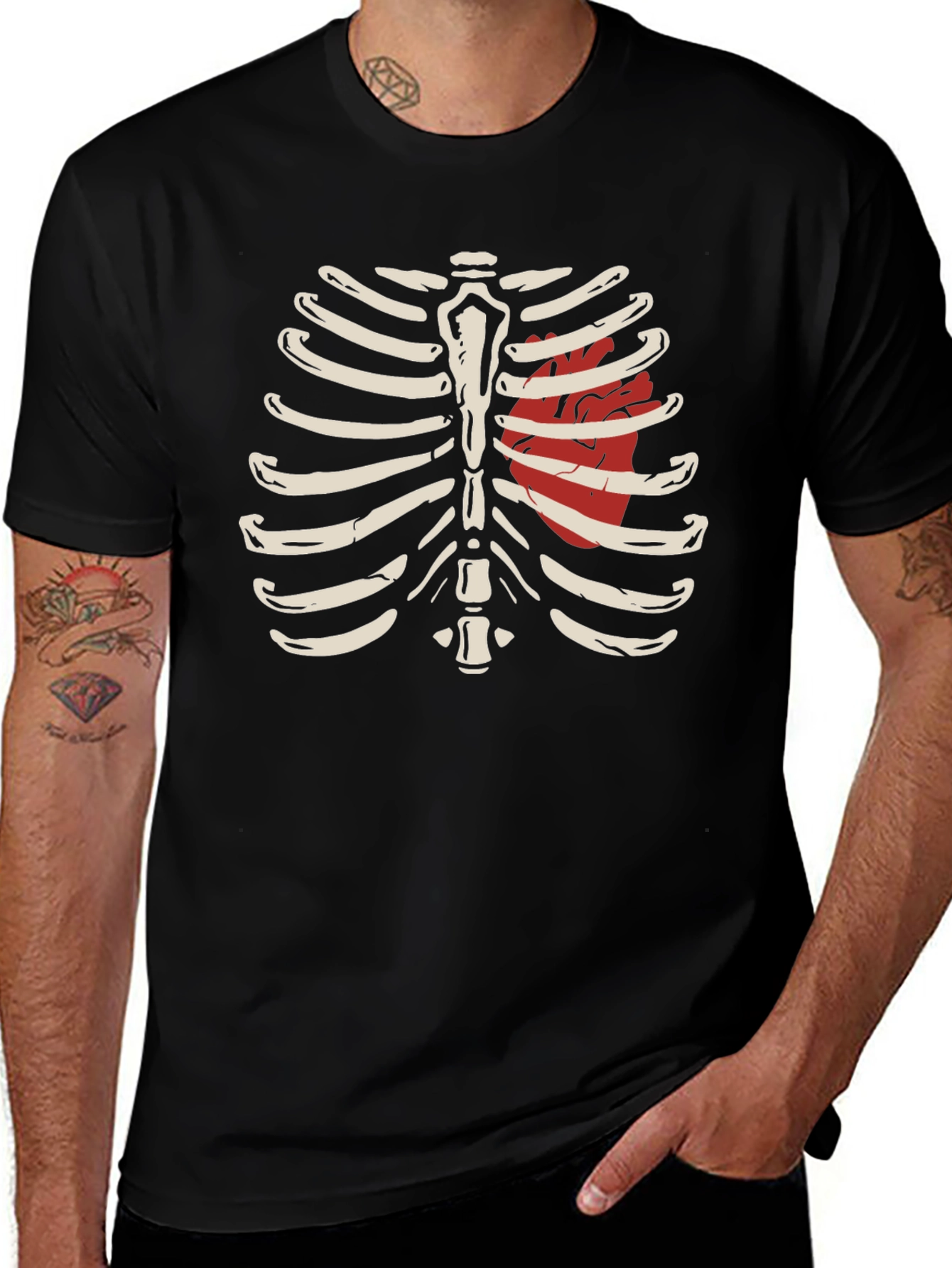Anatomical Rib Cage T-Shirt with Heart Design