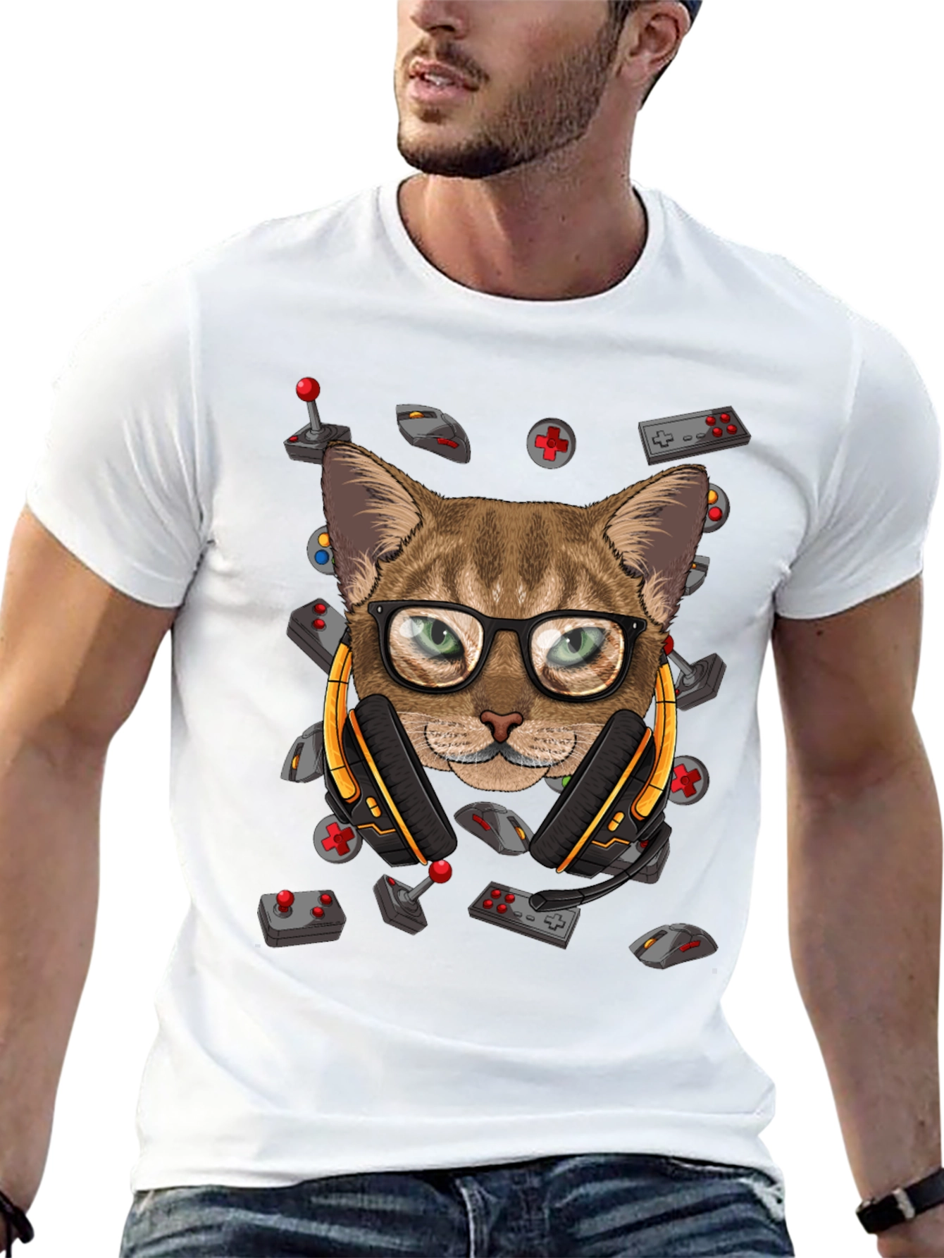 Gamer Cat Graphic T-Shirt - Cool Cat with Headset