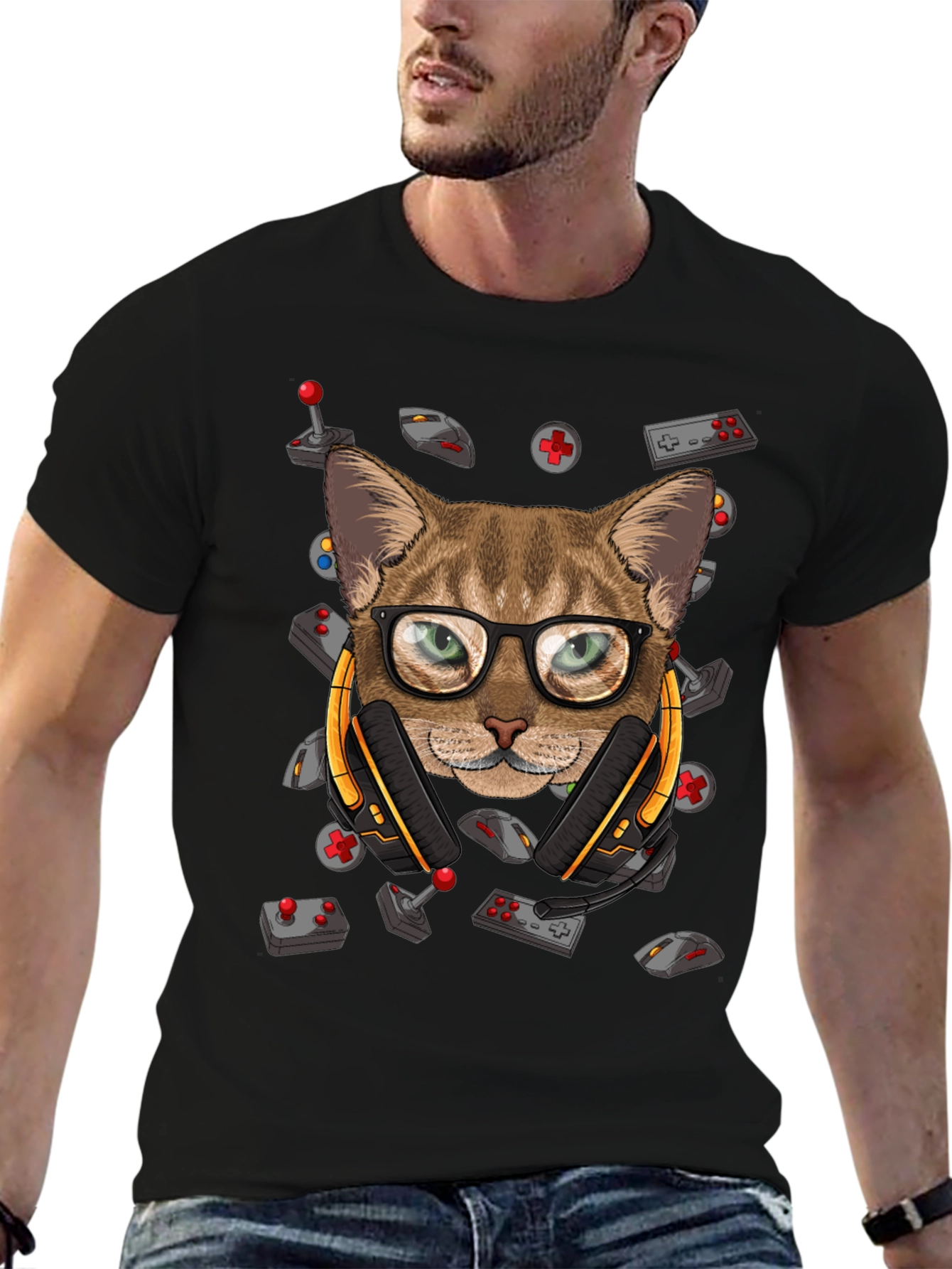 Gamer Cat Graphic T-Shirt - Cool Cat with Headset