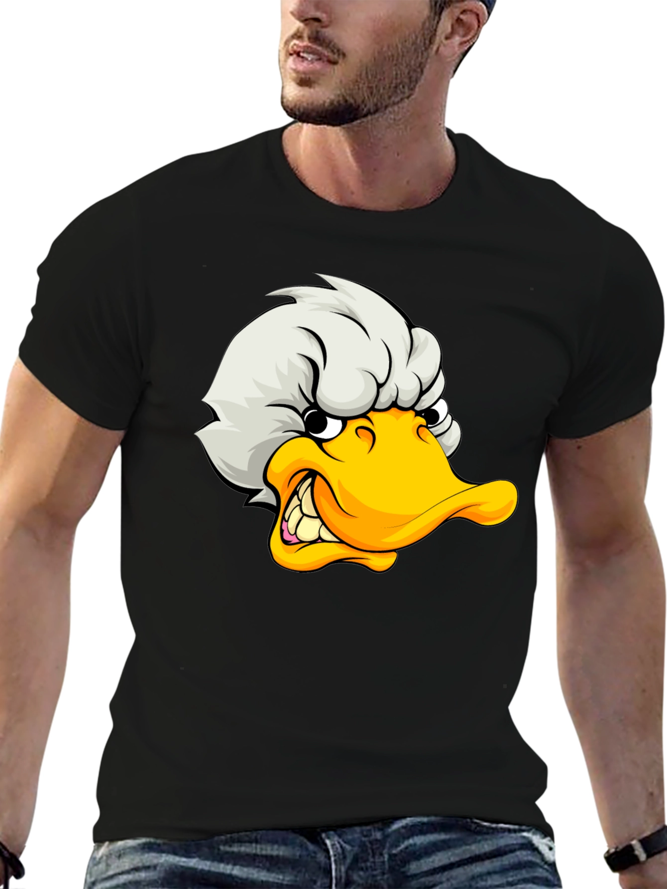 Angry Duck Cartoon Graphic Black T-Shirt