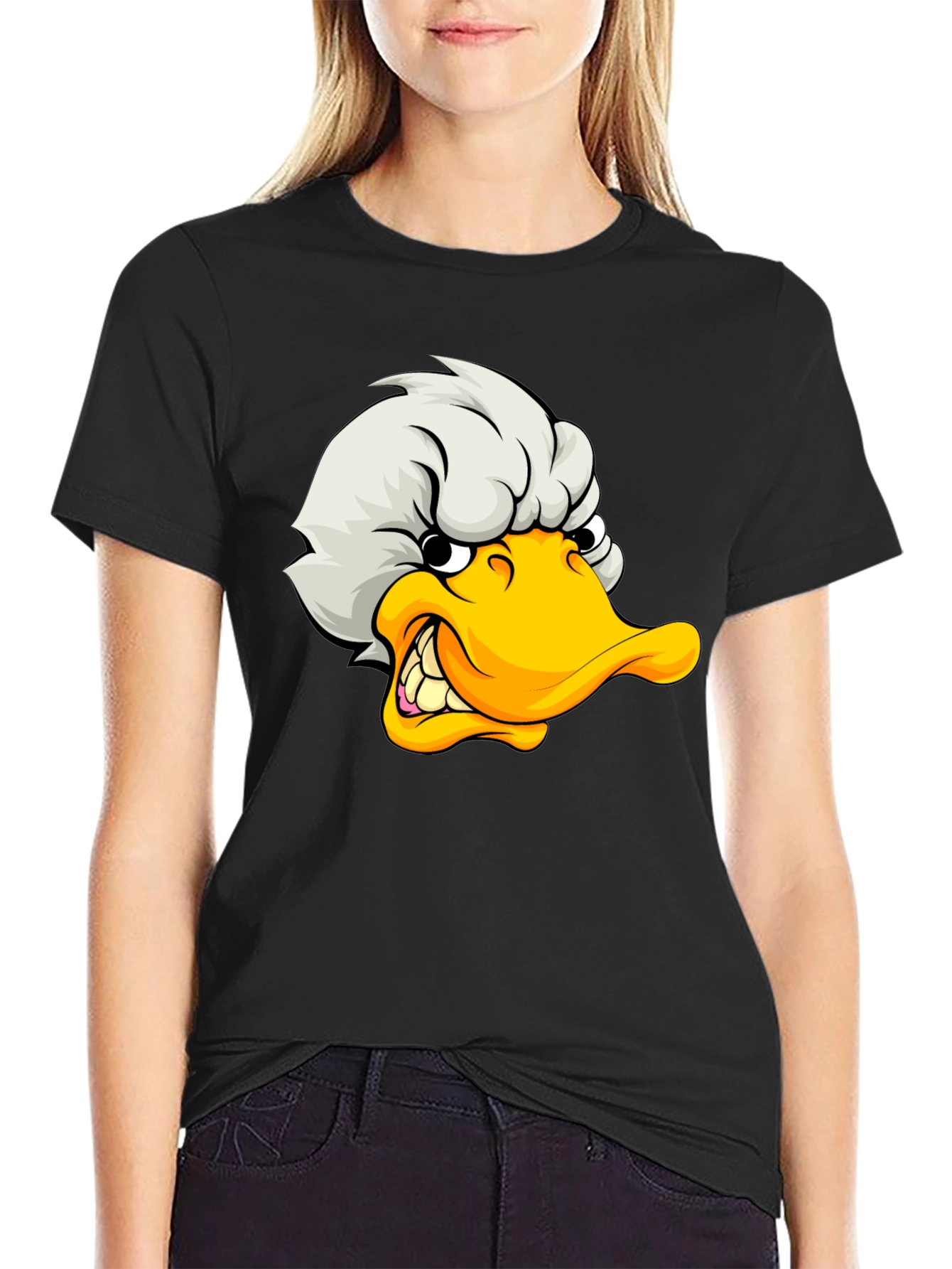 Angry Duck Cartoon Graphic Black T-Shirt