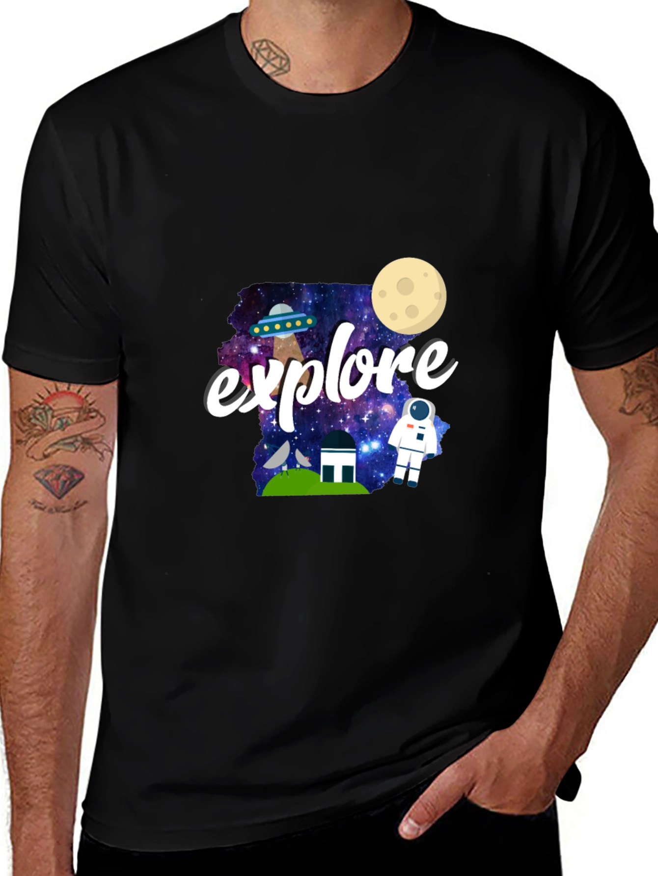 Explore Space Graphic Print Black T-Shirt