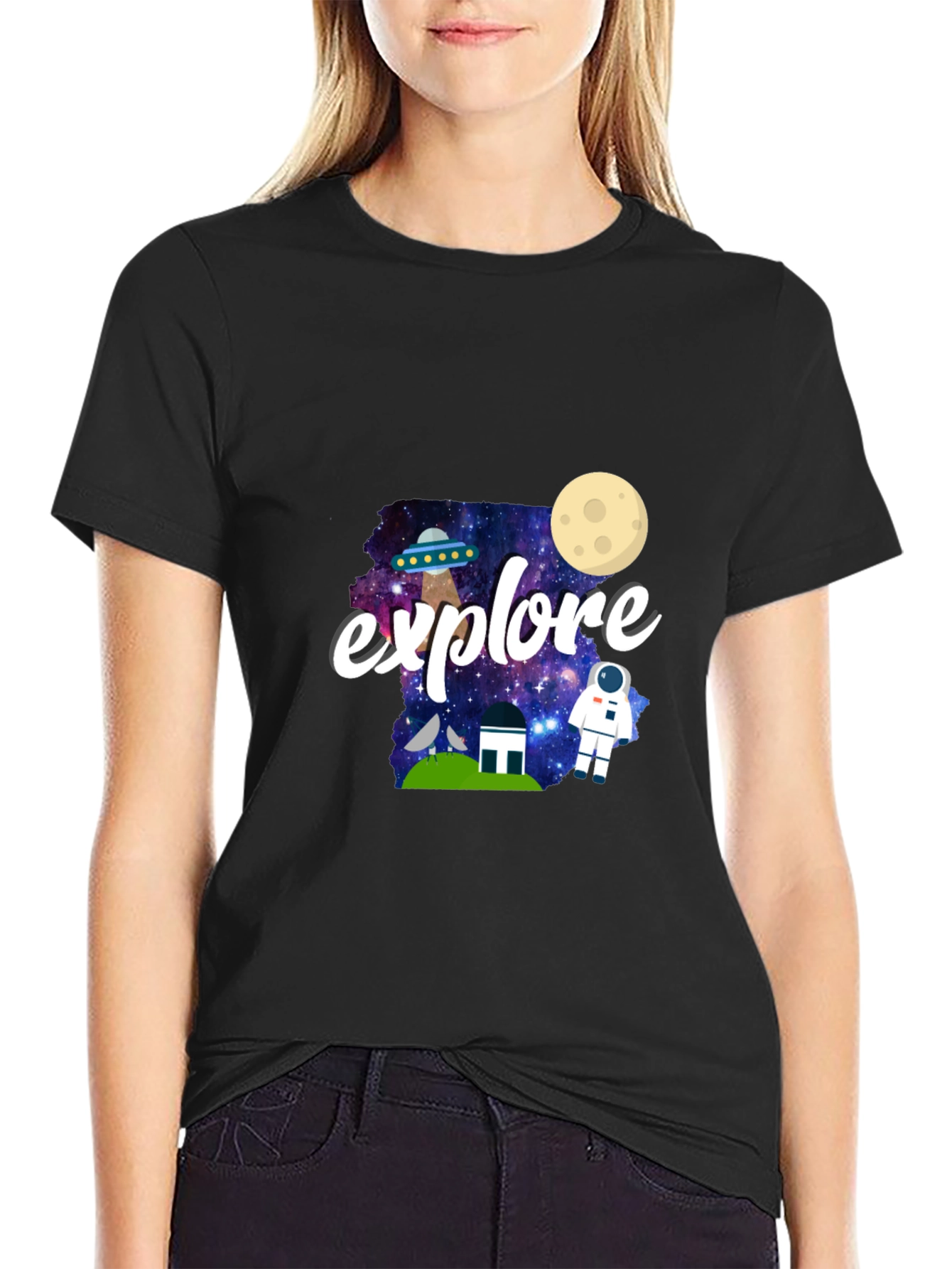 Explore Space Graphic Print Black T-Shirt