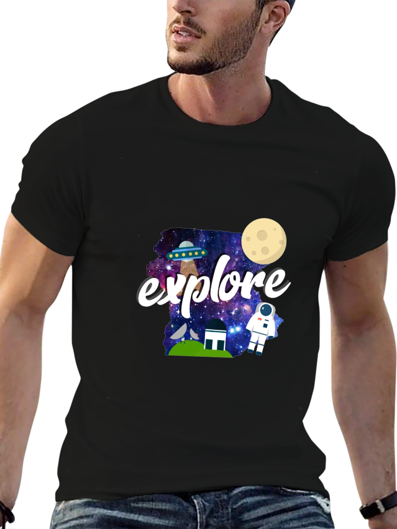 Explore Space Graphic Print Black T-Shirt