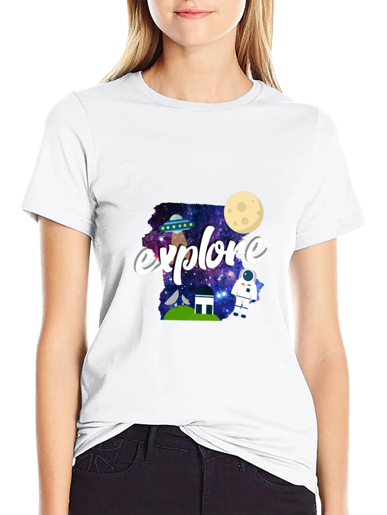 Explore Space Graphic Print Black T-Shirt