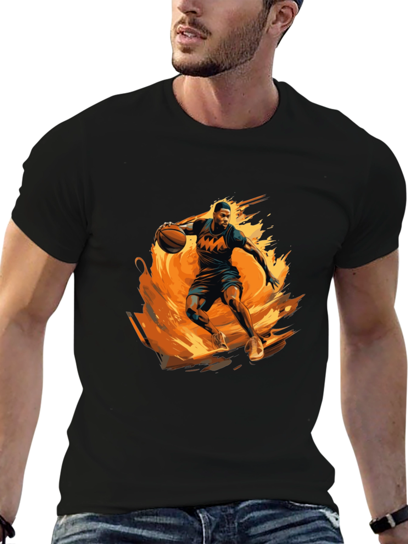 Fiery Basketball Player Graphic Black T-Shirt