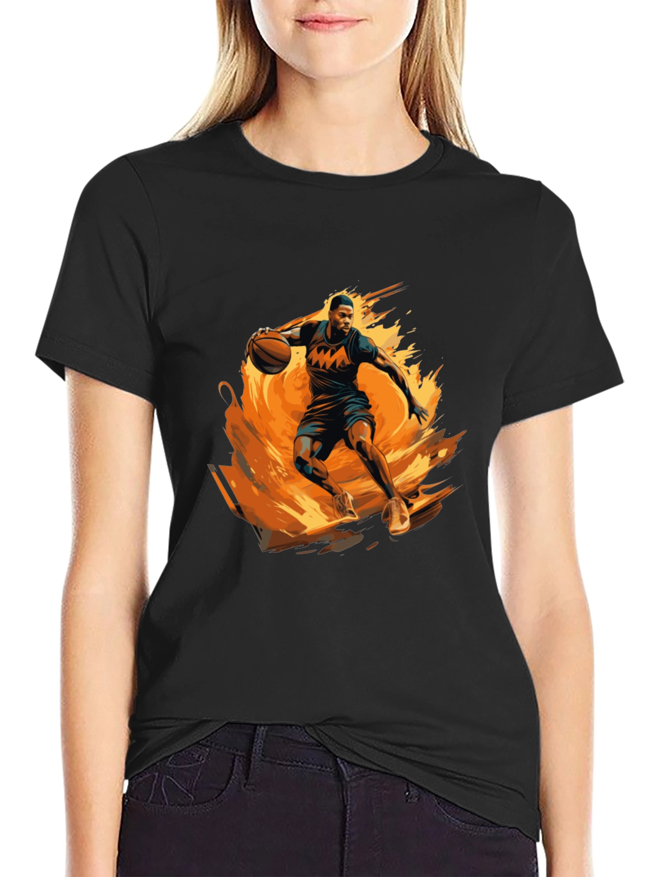 Fiery Basketball Player Graphic Black T-Shirt