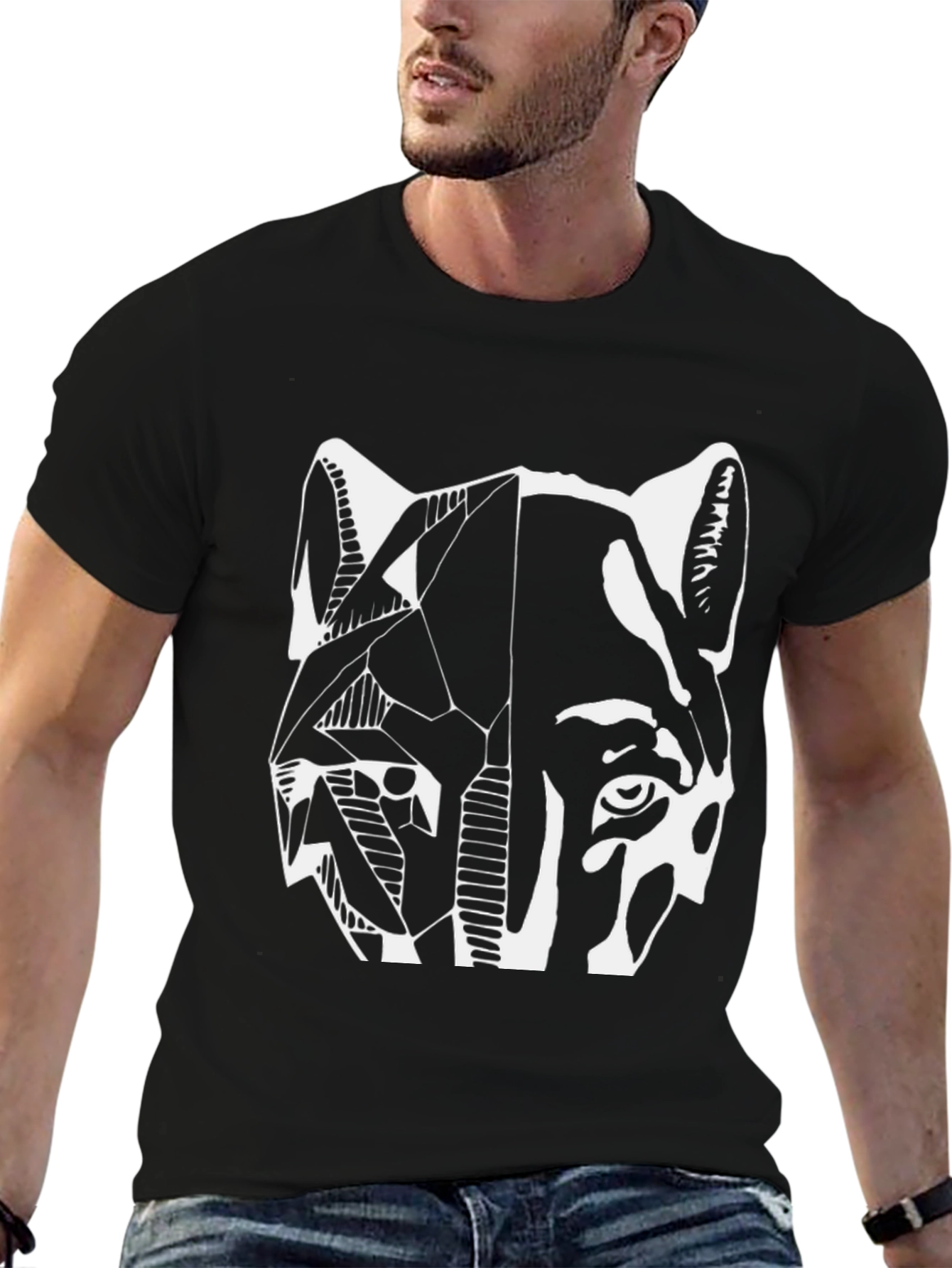 Abstract Wolf Graphic Print Black T-Shirt