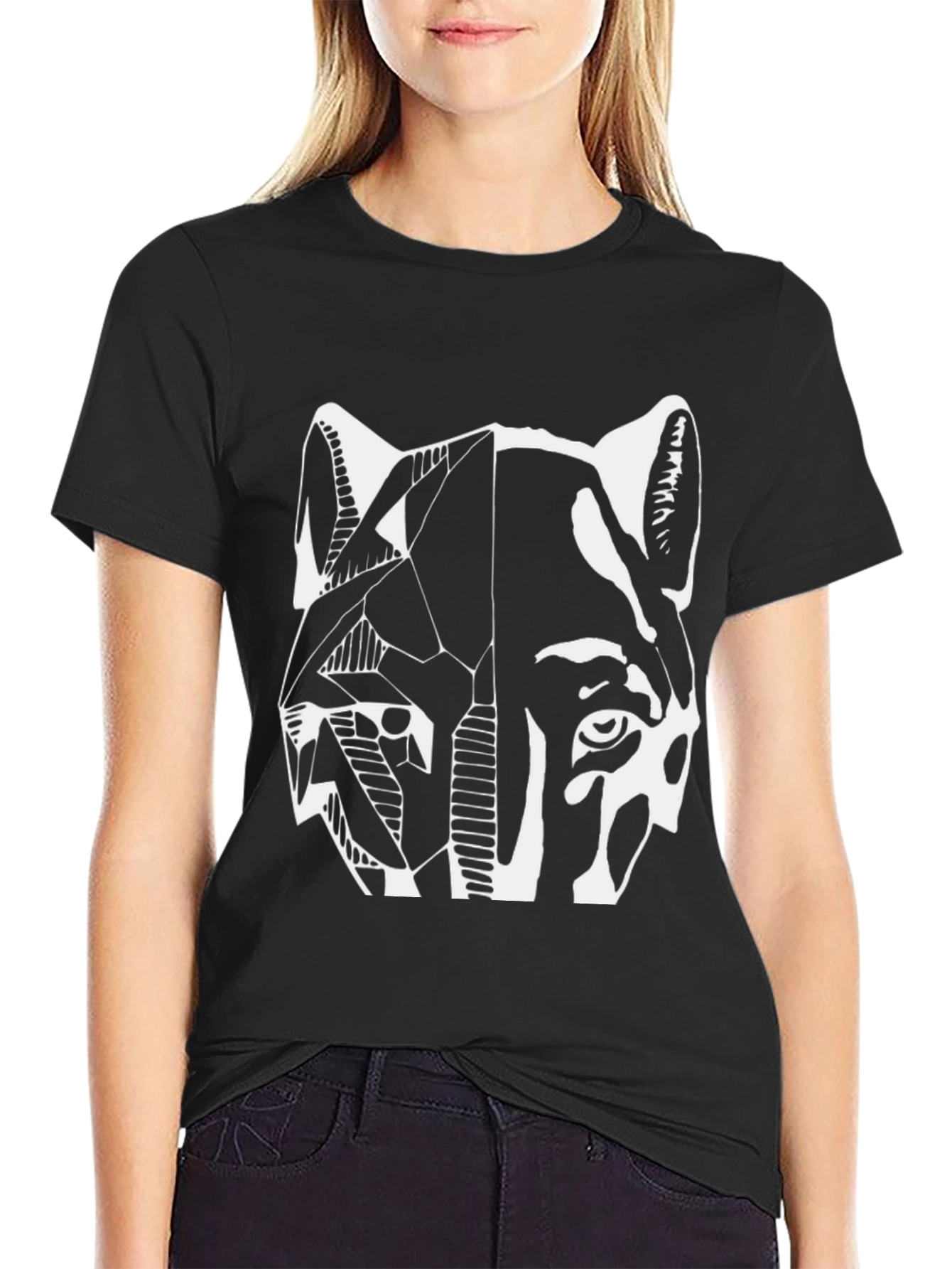 Abstract Wolf Graphic Print Black T-Shirt