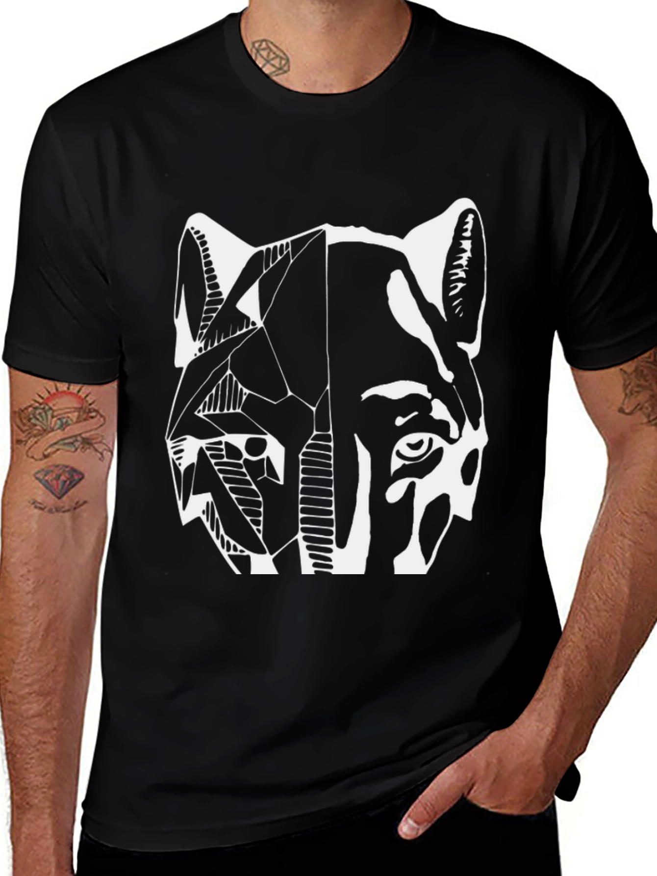 Abstract Wolf Graphic Print Black T-Shirt