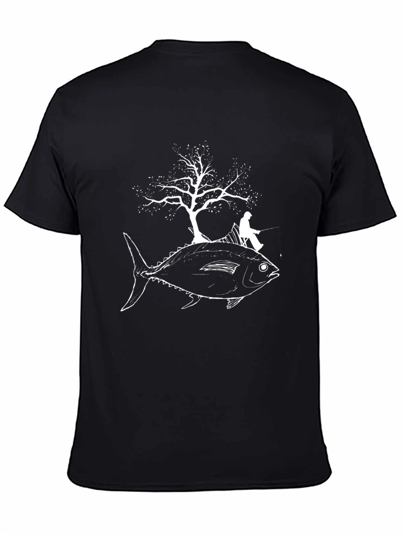 Fish Tree Fisherman Graphic Tee - Unique Black T-Shirt