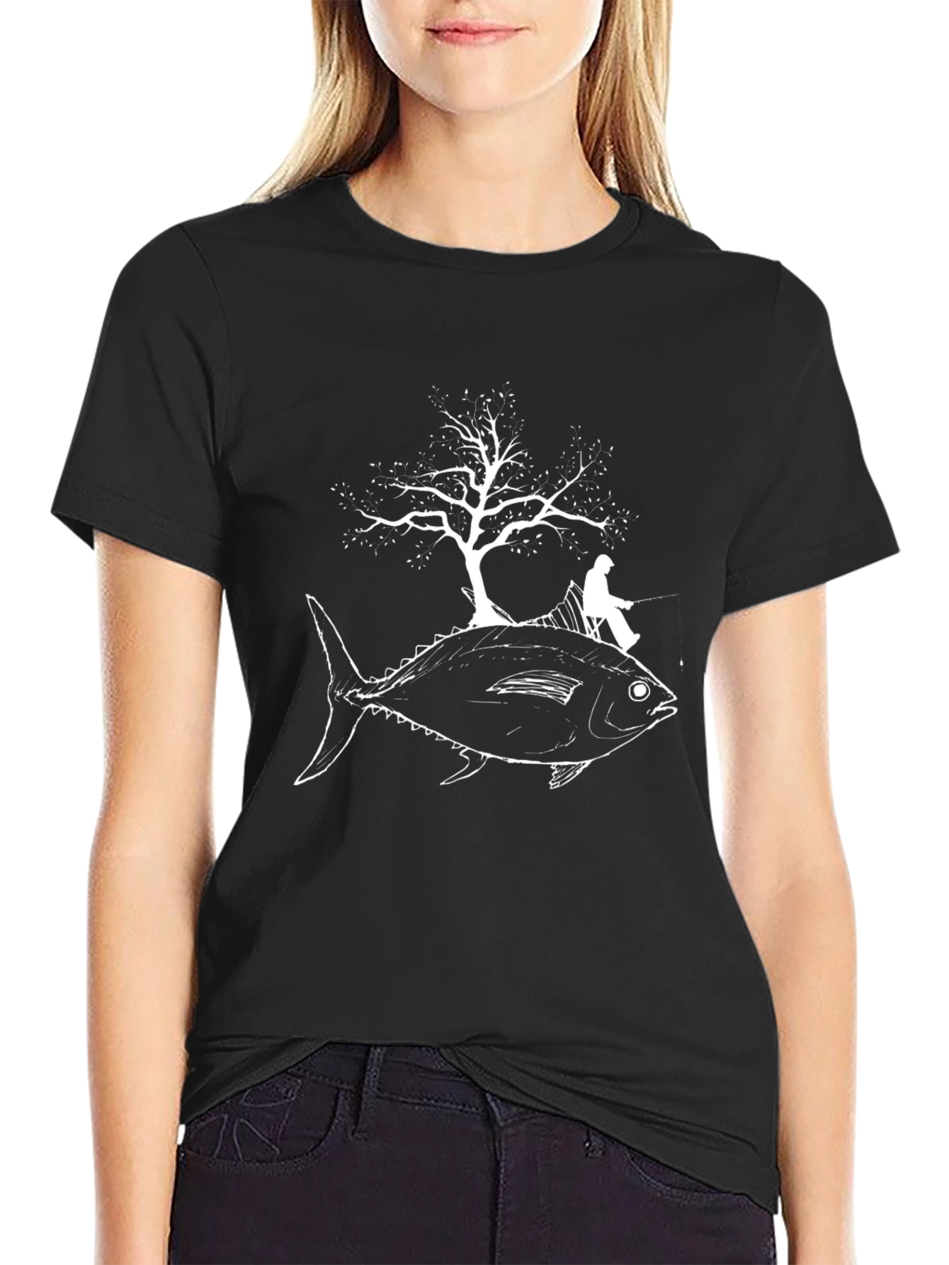Fish Tree Fisherman Graphic Tee - Unique Black T-Shirt