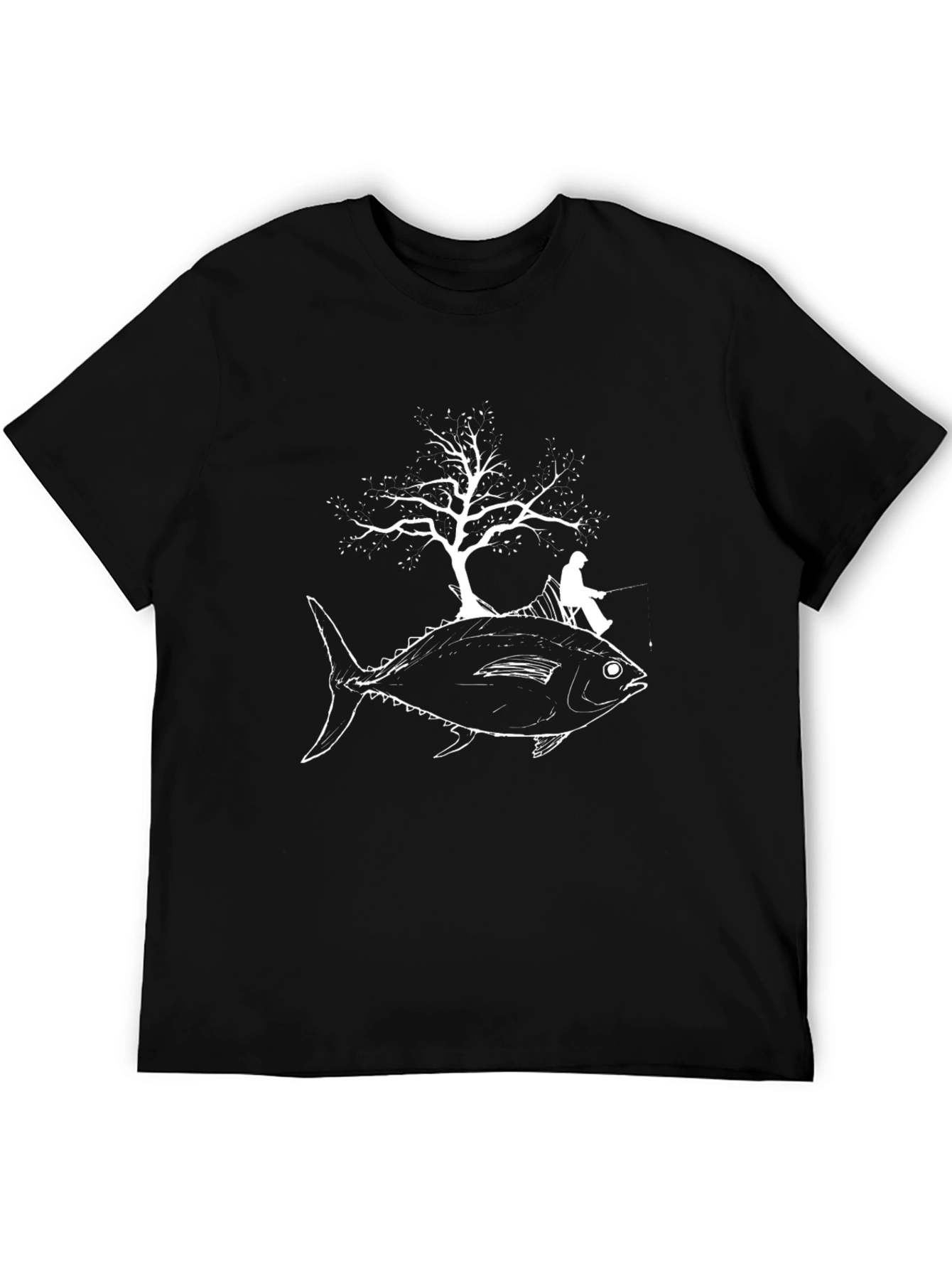 Fish Tree Fisherman Graphic Tee - Unique Black T-Shirt