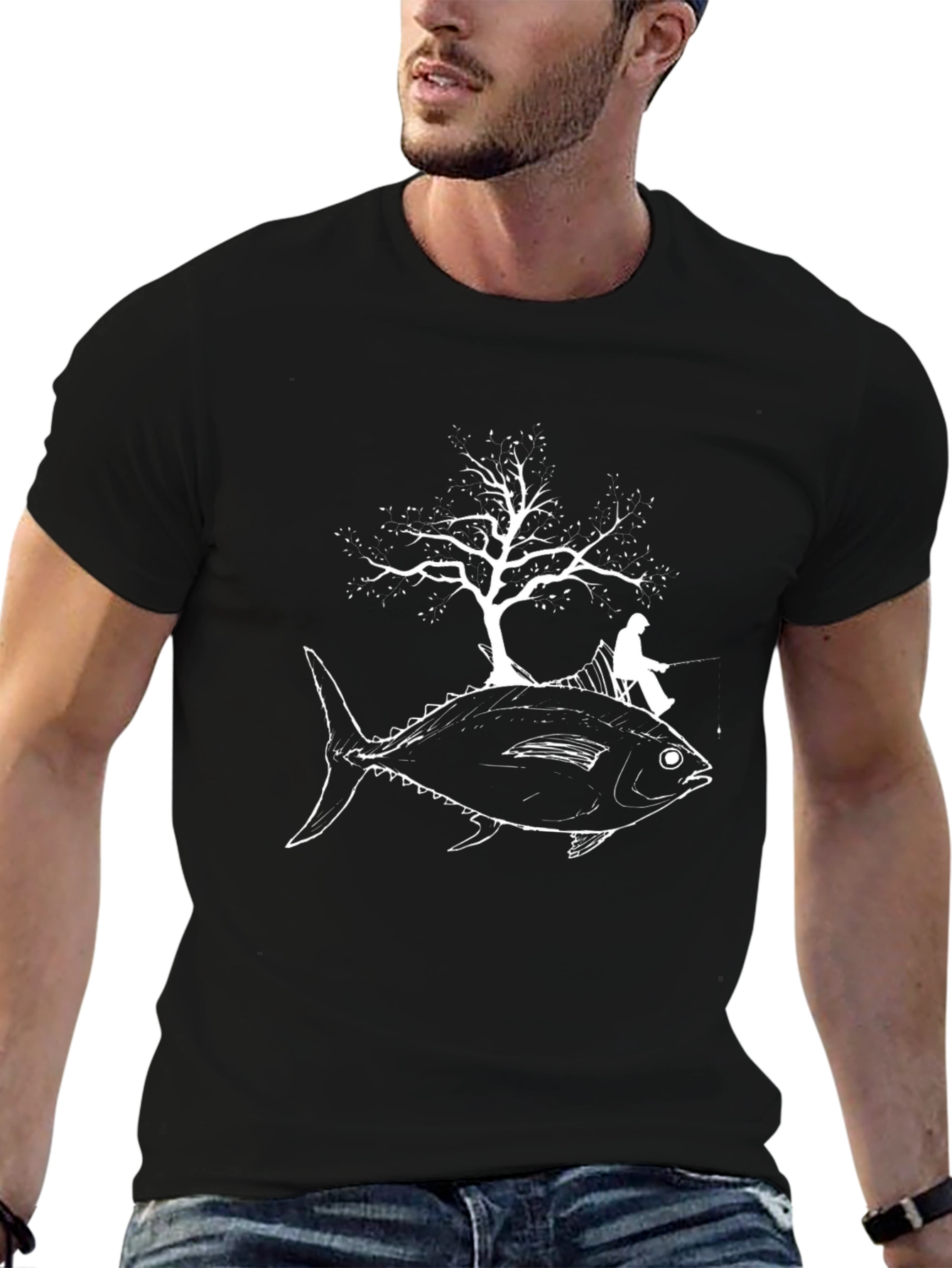 Fish Tree Fisherman Graphic Tee - Unique Black T-Shirt
