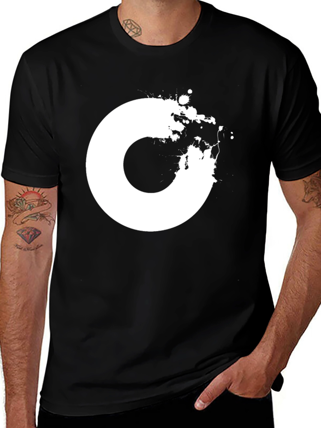 Abstract White Circle Design Black T-Shirt