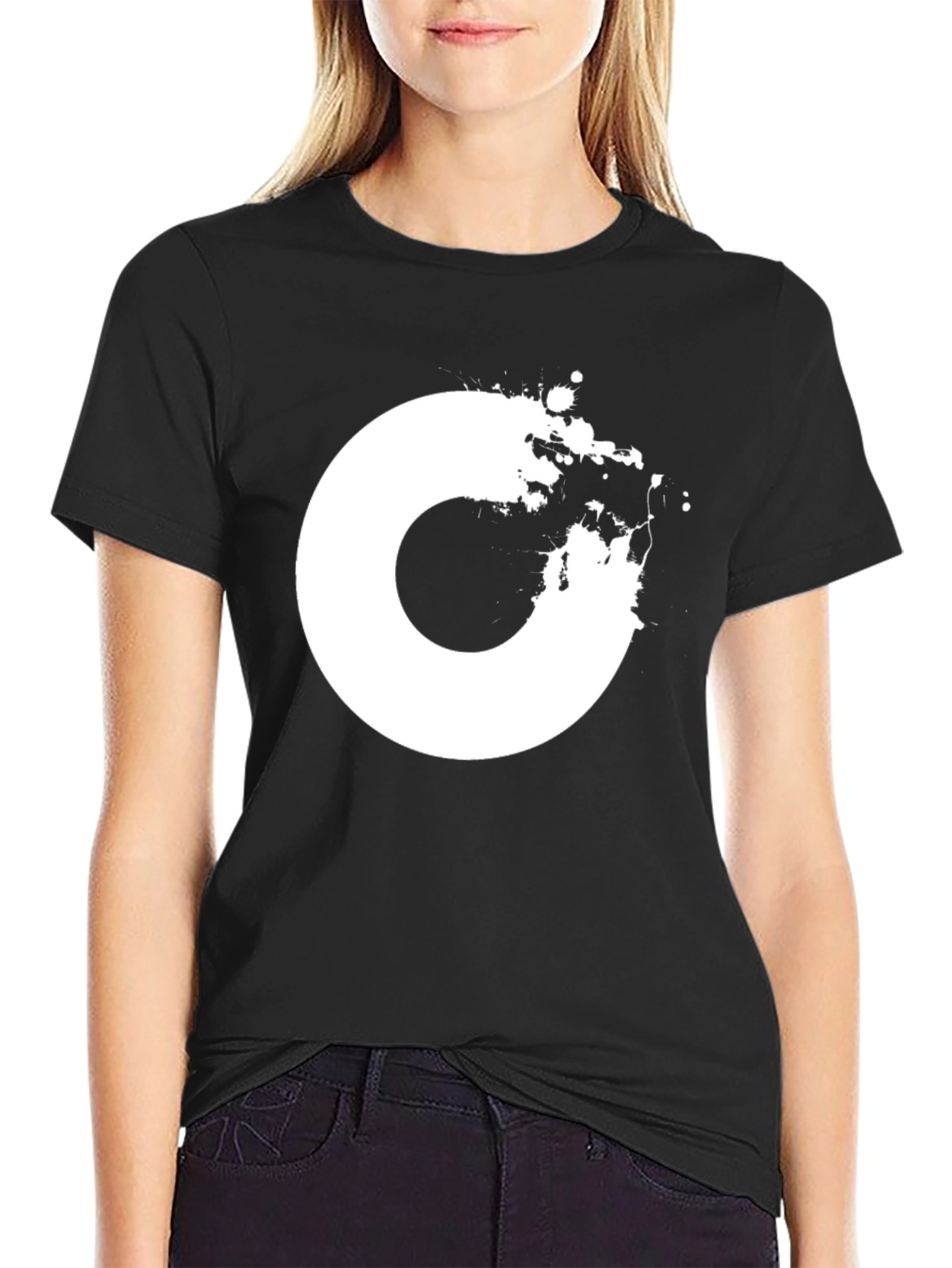 Abstract White Circle Design Black T-Shirt