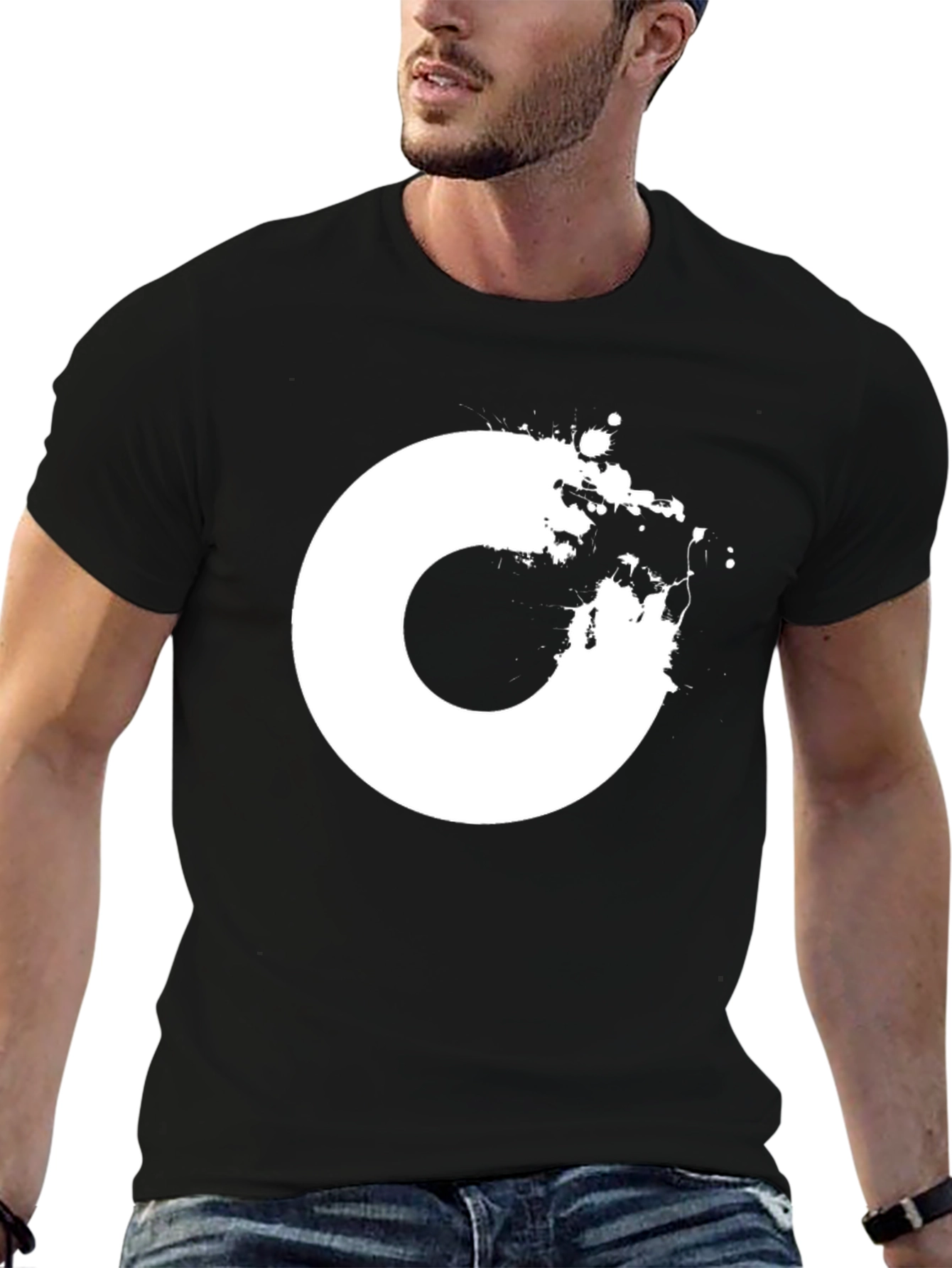 Abstract White Circle Design Black T-Shirt