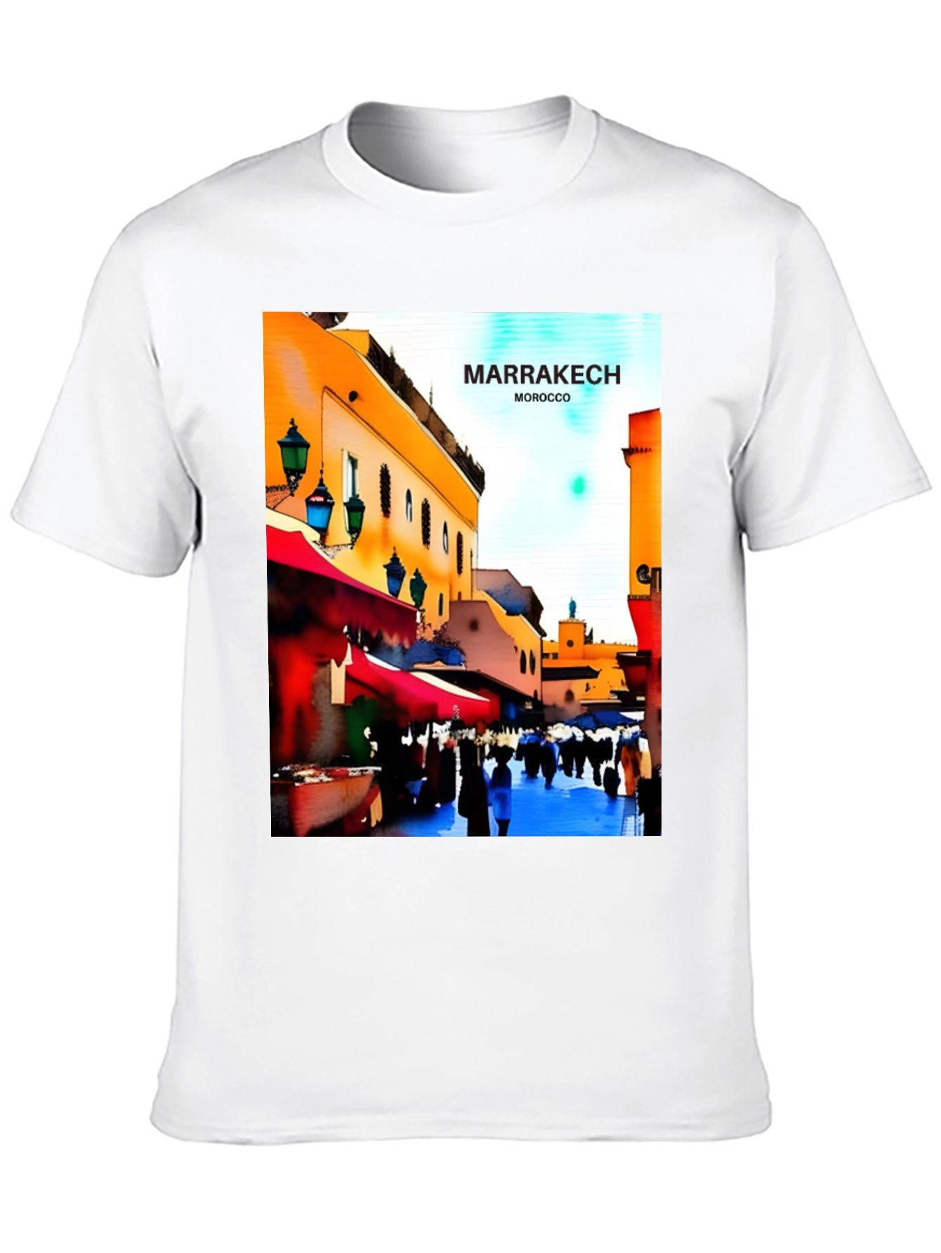 Marrakech Morocco T-Shirt - Vibrant Street Scene Design
