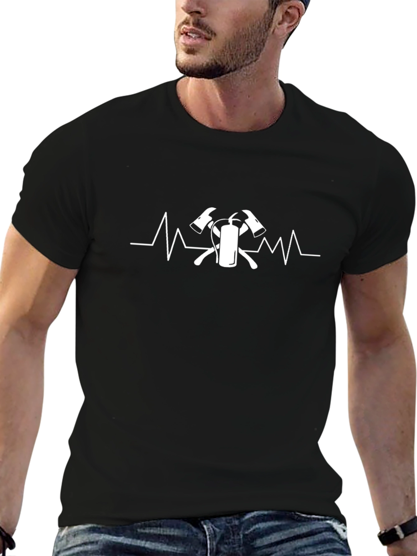 Firefighter Heartbeat T-Shirt - Axe and Extinguisher Design