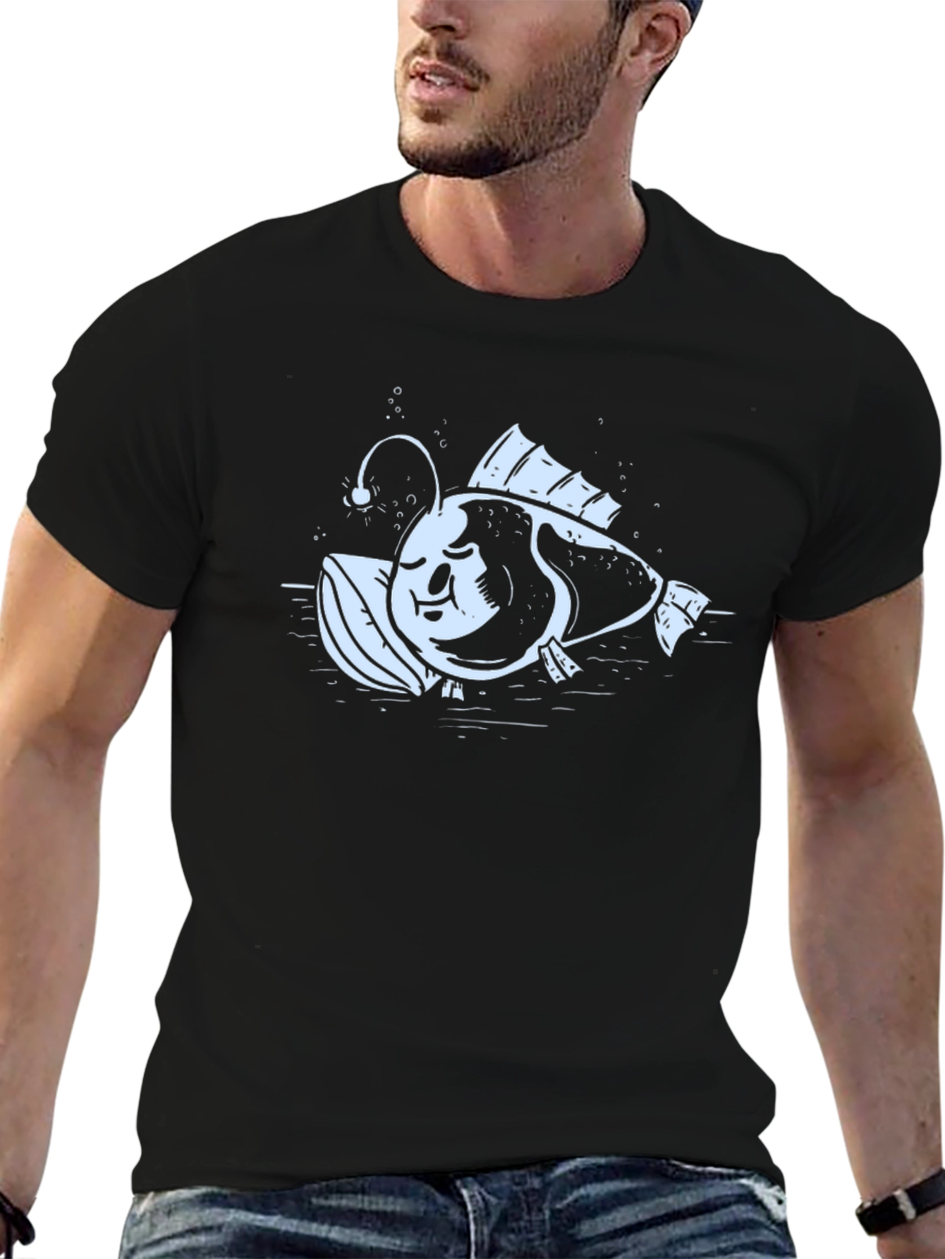 Angler Fish Graphic Print Black T-Shirt