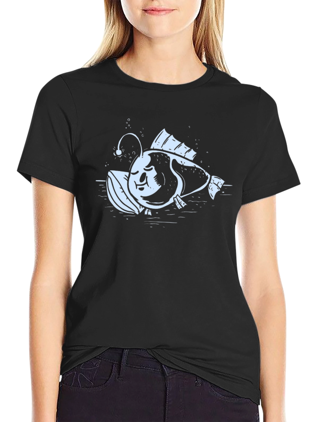 Angler Fish Graphic Print Black T-Shirt