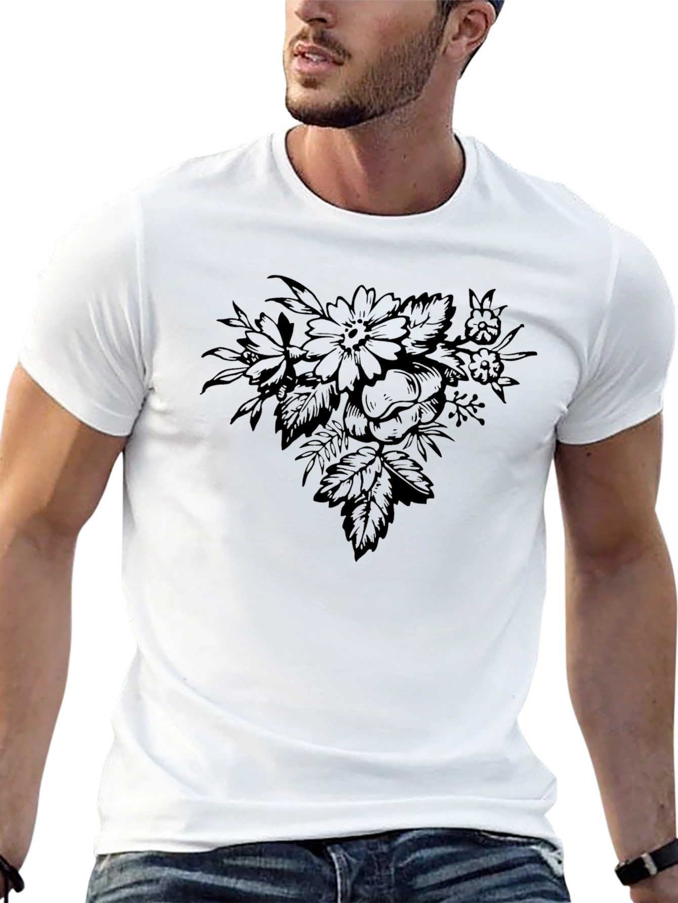 Floral Graphic Print Black Crew Neck T-Shirt