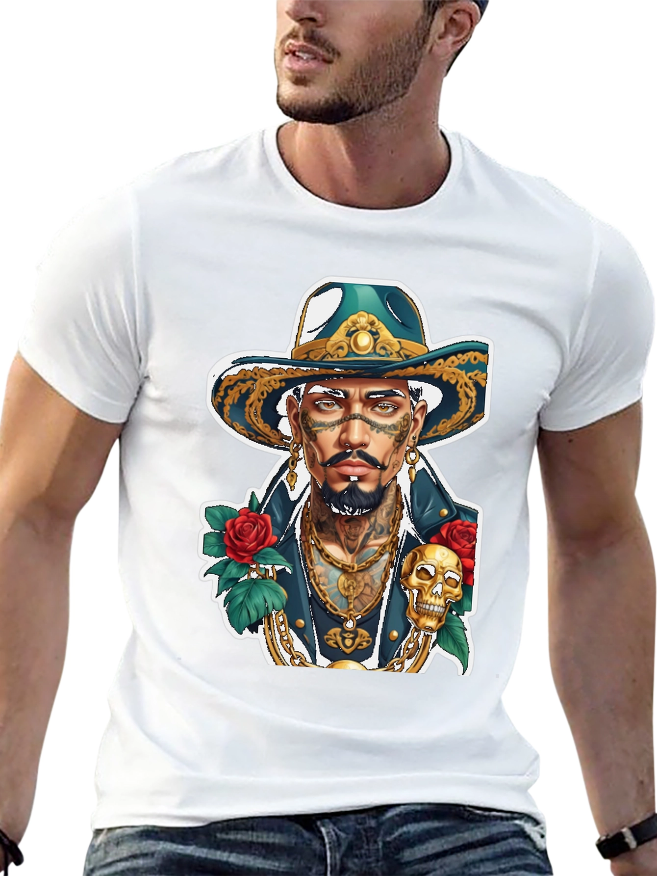 Tattooed Man Graphic T-Shirt - Skull & Roses Design