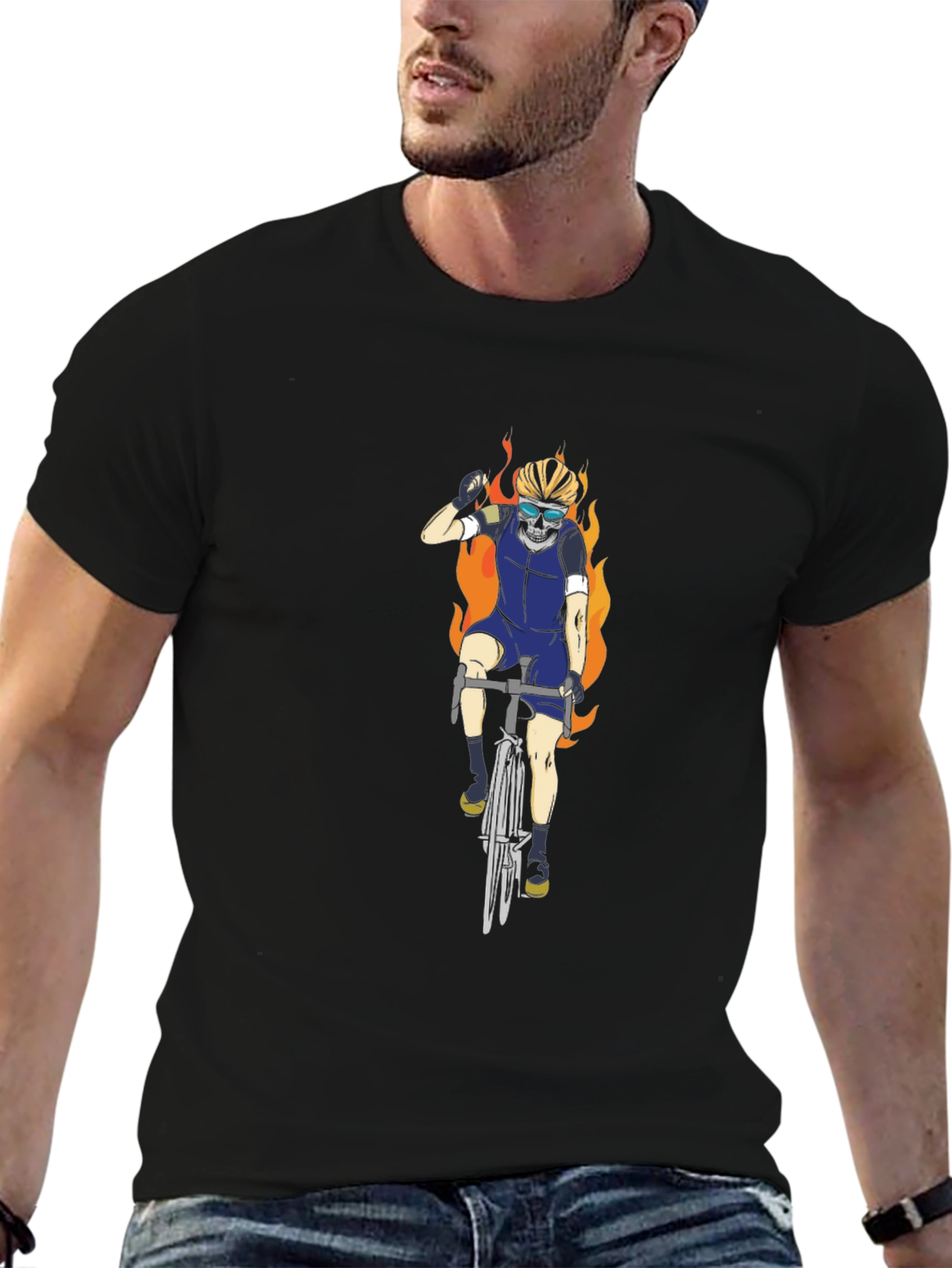 Fiery Biker T-Shirt - Skull Rider Design