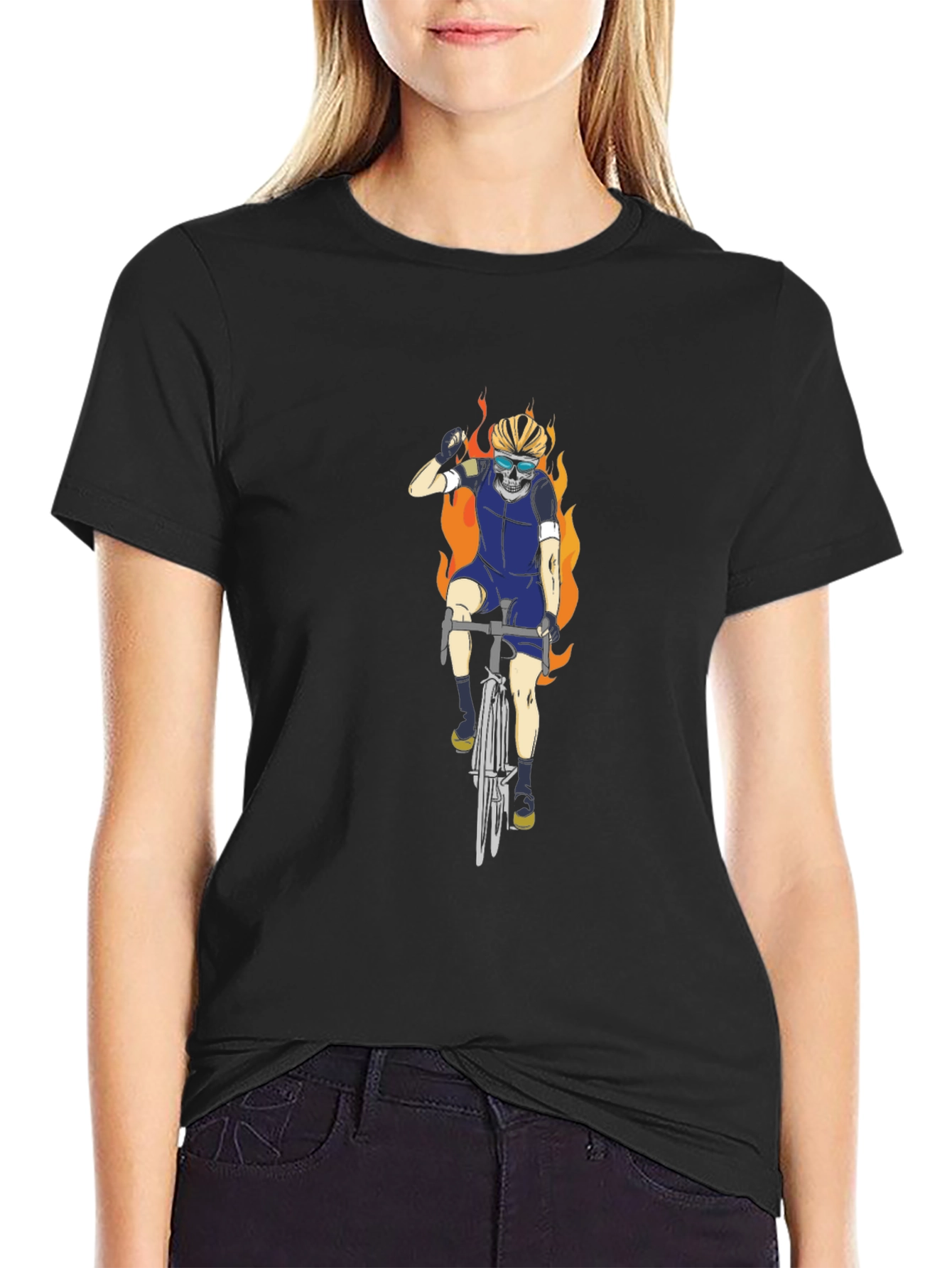 Fiery Biker T-Shirt - Skull Rider Design