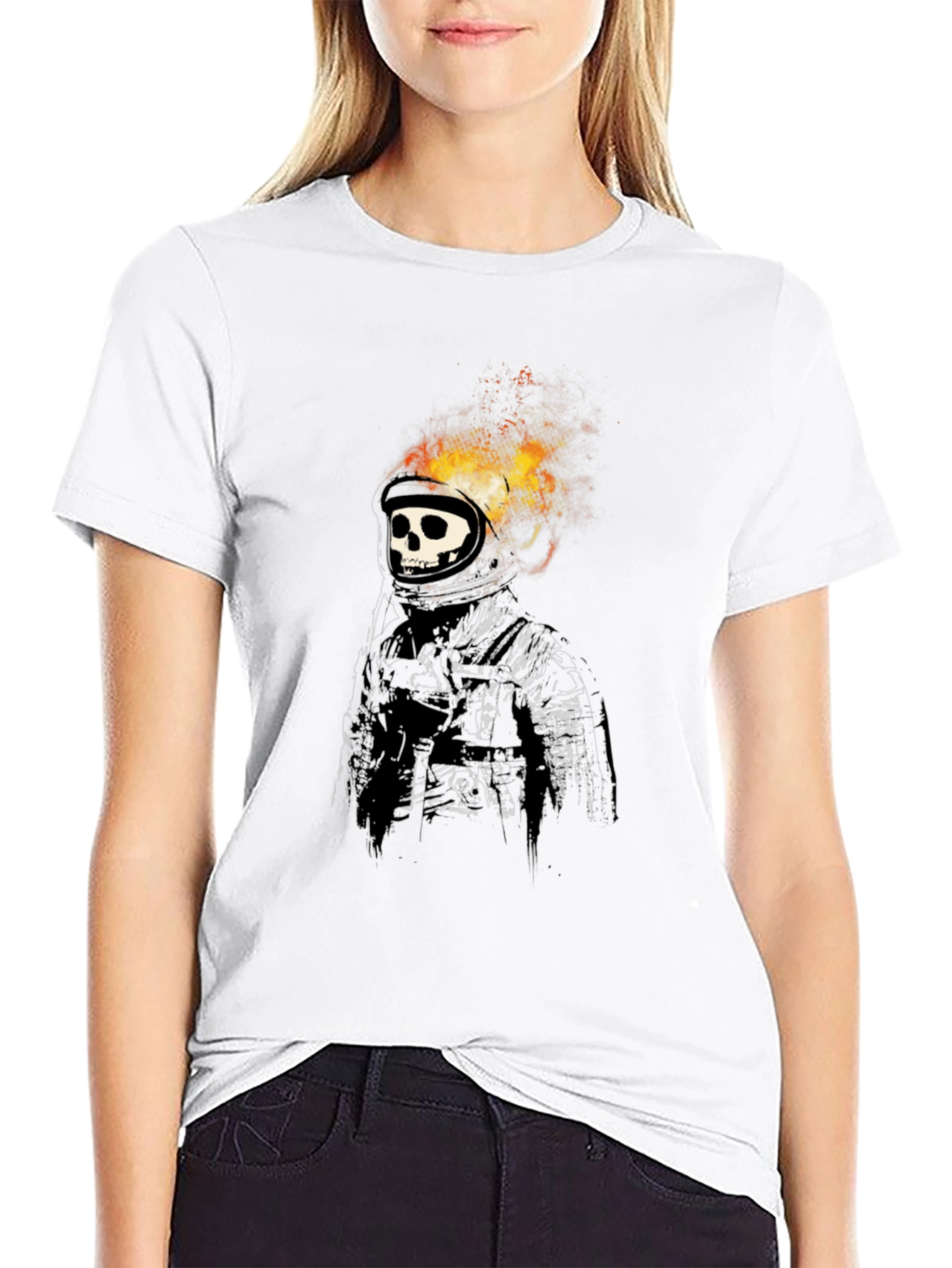 Flaming Skull Astronaut Graphic Black T-Shirt