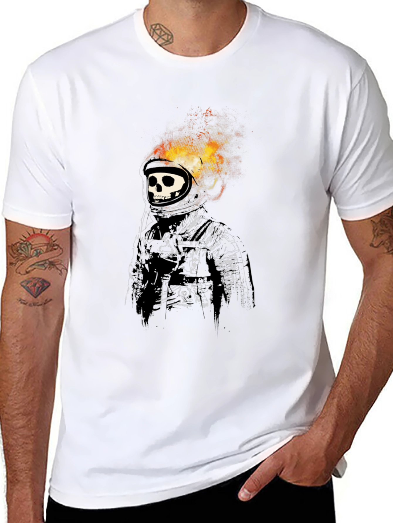 Flaming Skull Astronaut Graphic Black T-Shirt