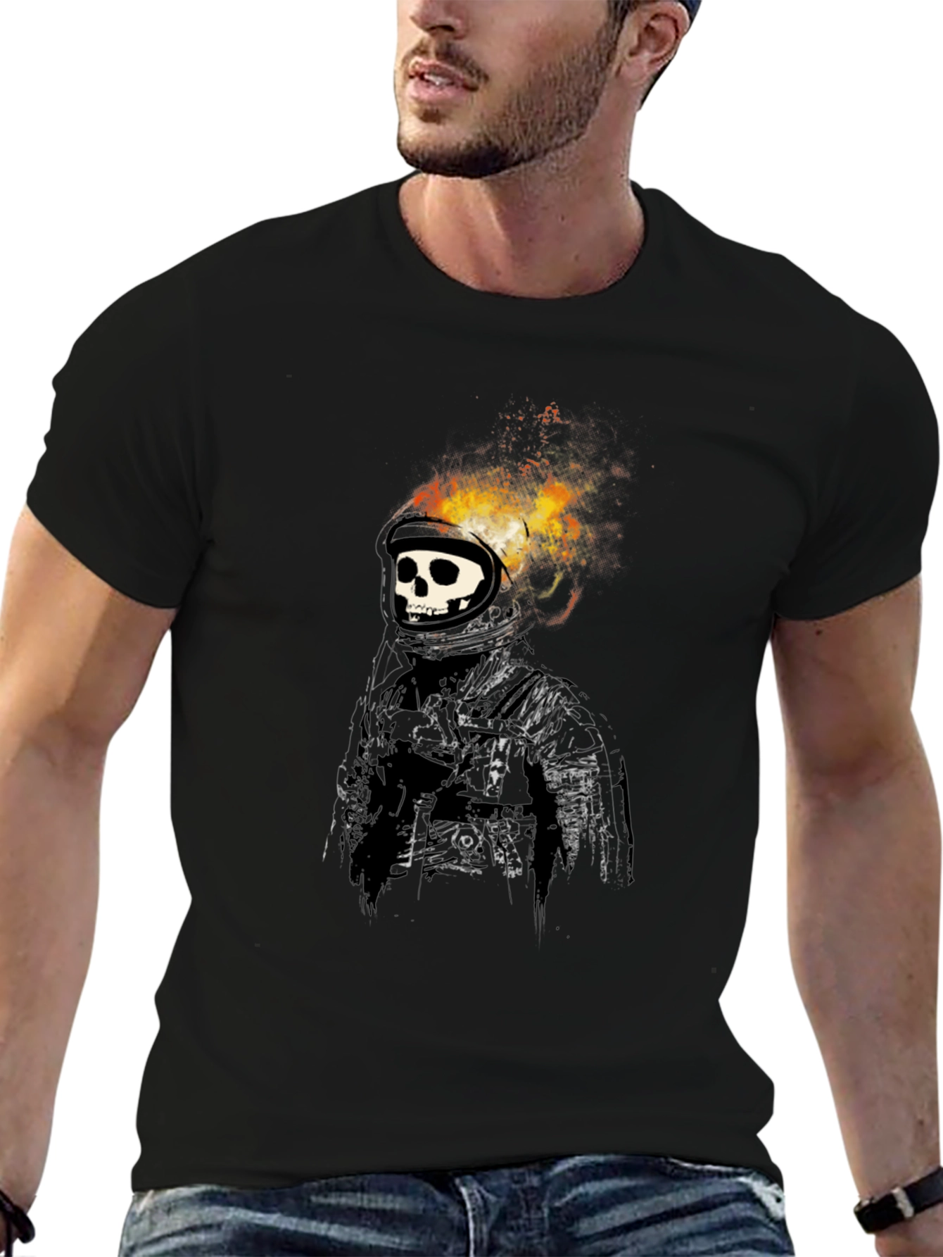 Flaming Skull Astronaut Graphic Black T-Shirt