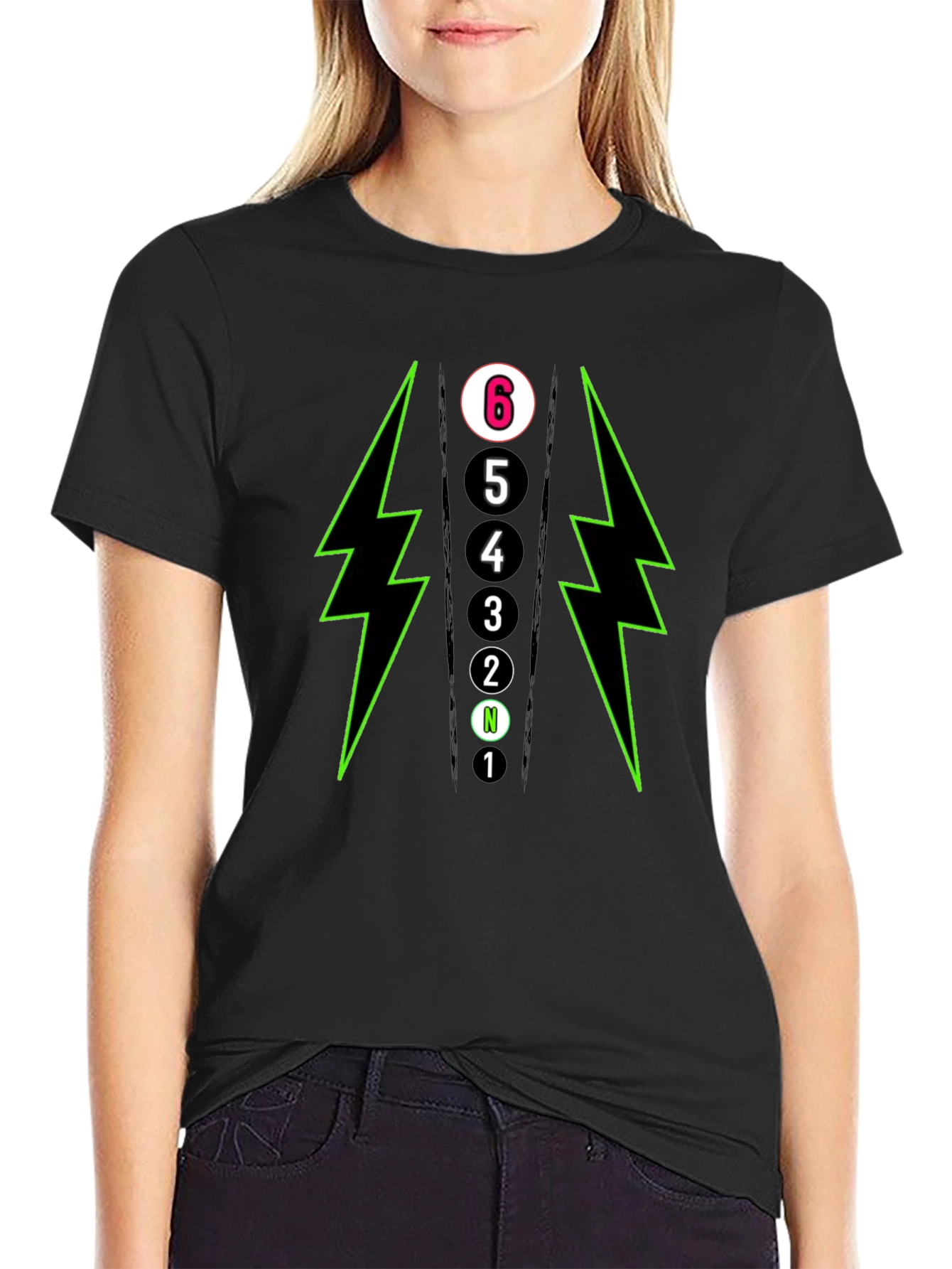 6-Speed Gear Shift T-Shirt - Lightning Bolt Design