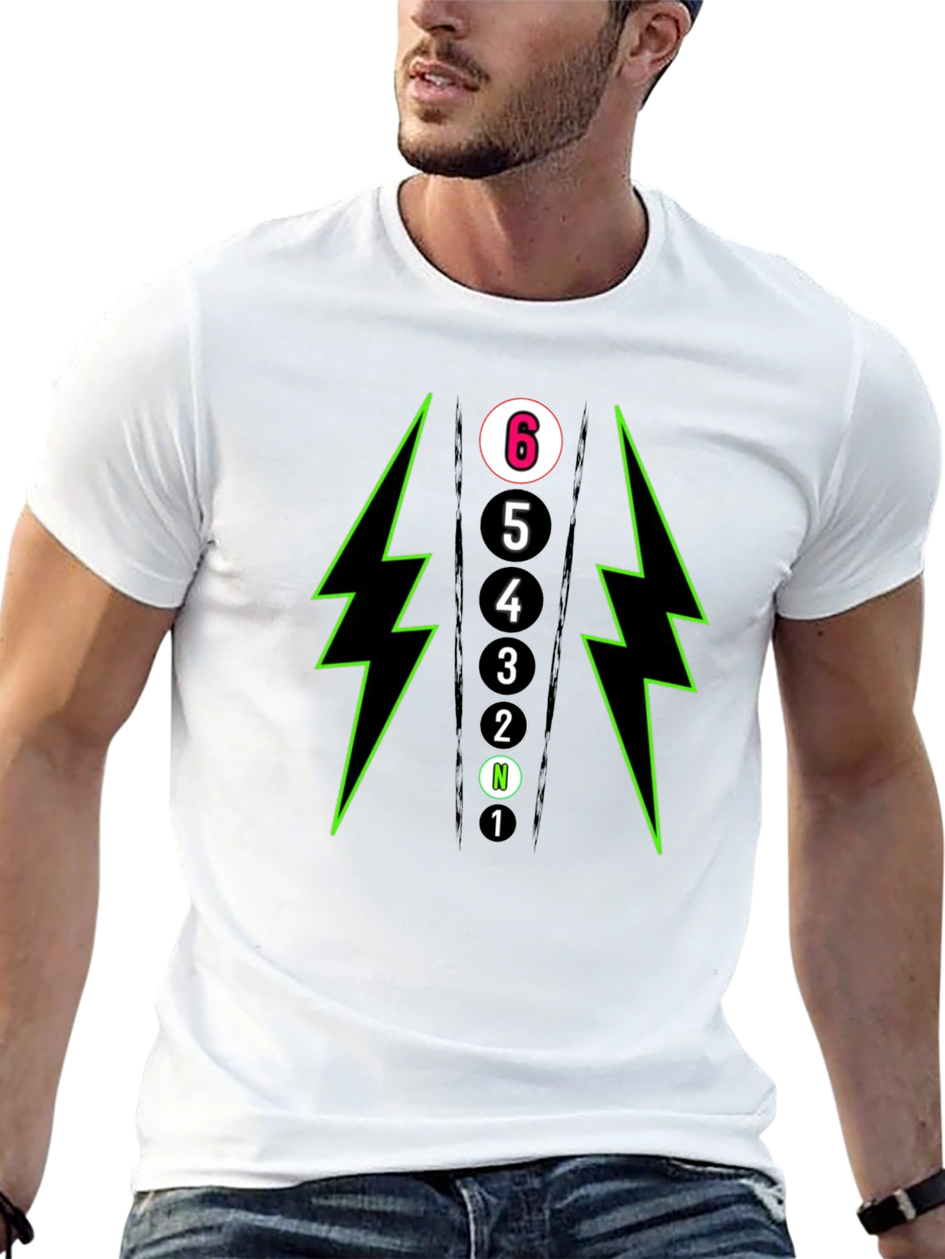 6-Speed Gear Shift T-Shirt - Lightning Bolt Design