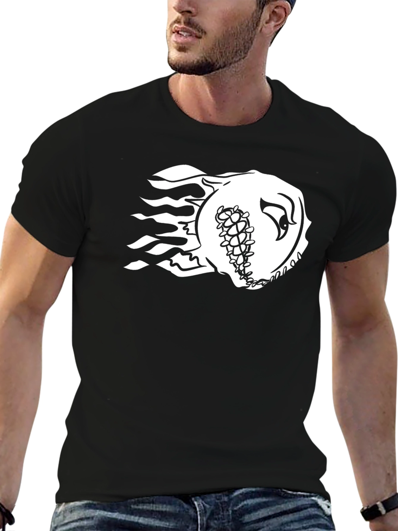 Fiery Baseball Graphic Tee - Black Cotton Shirt