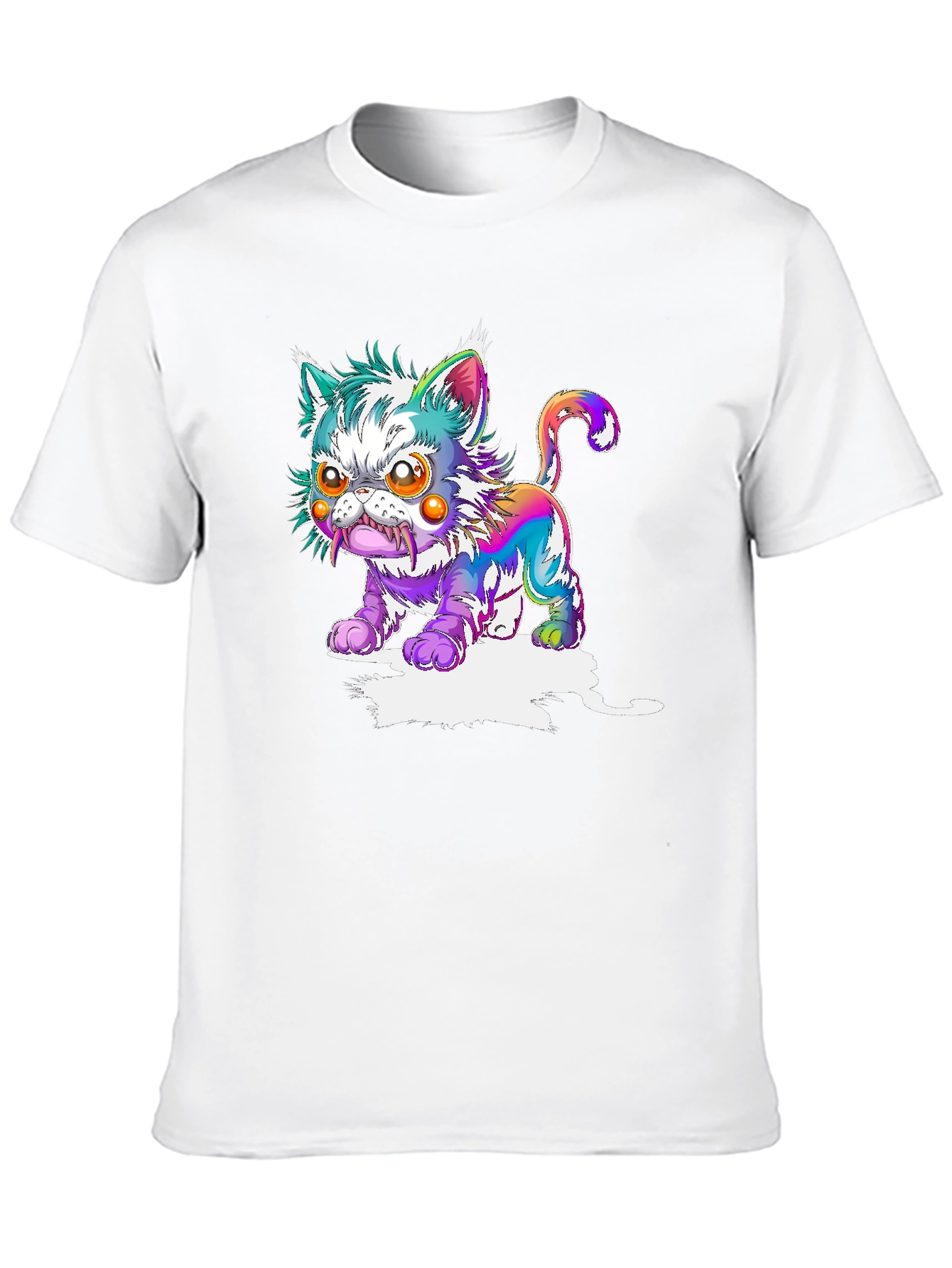 Mens Black T-Shirt with Psychedelic Cat Graphic