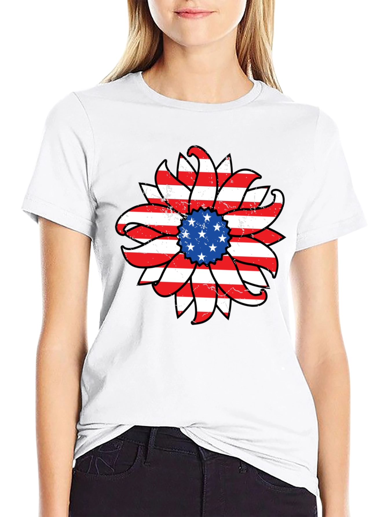 American Flag Sunflower Graphic T-Shirt