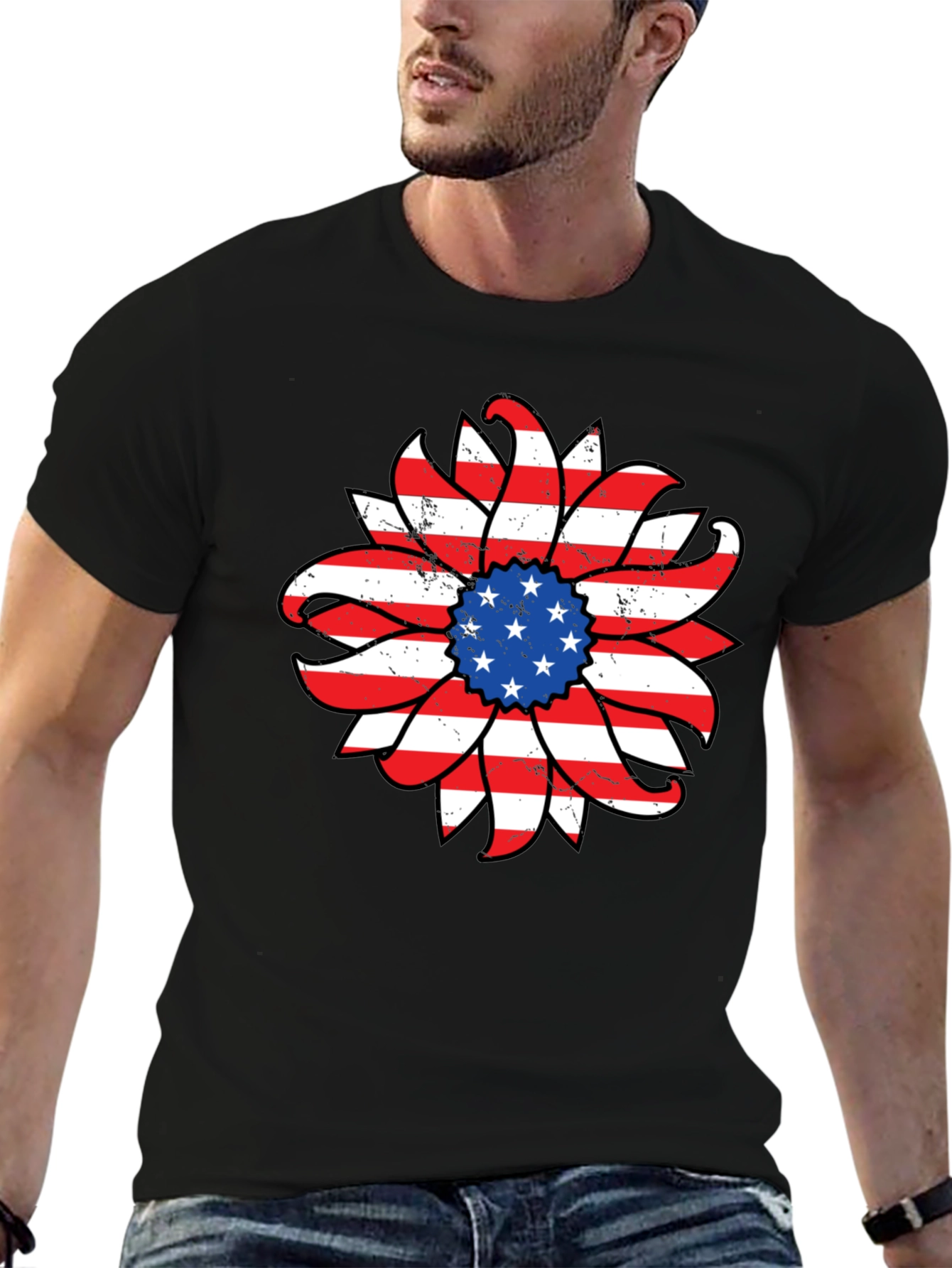 American Flag Sunflower Graphic T-Shirt