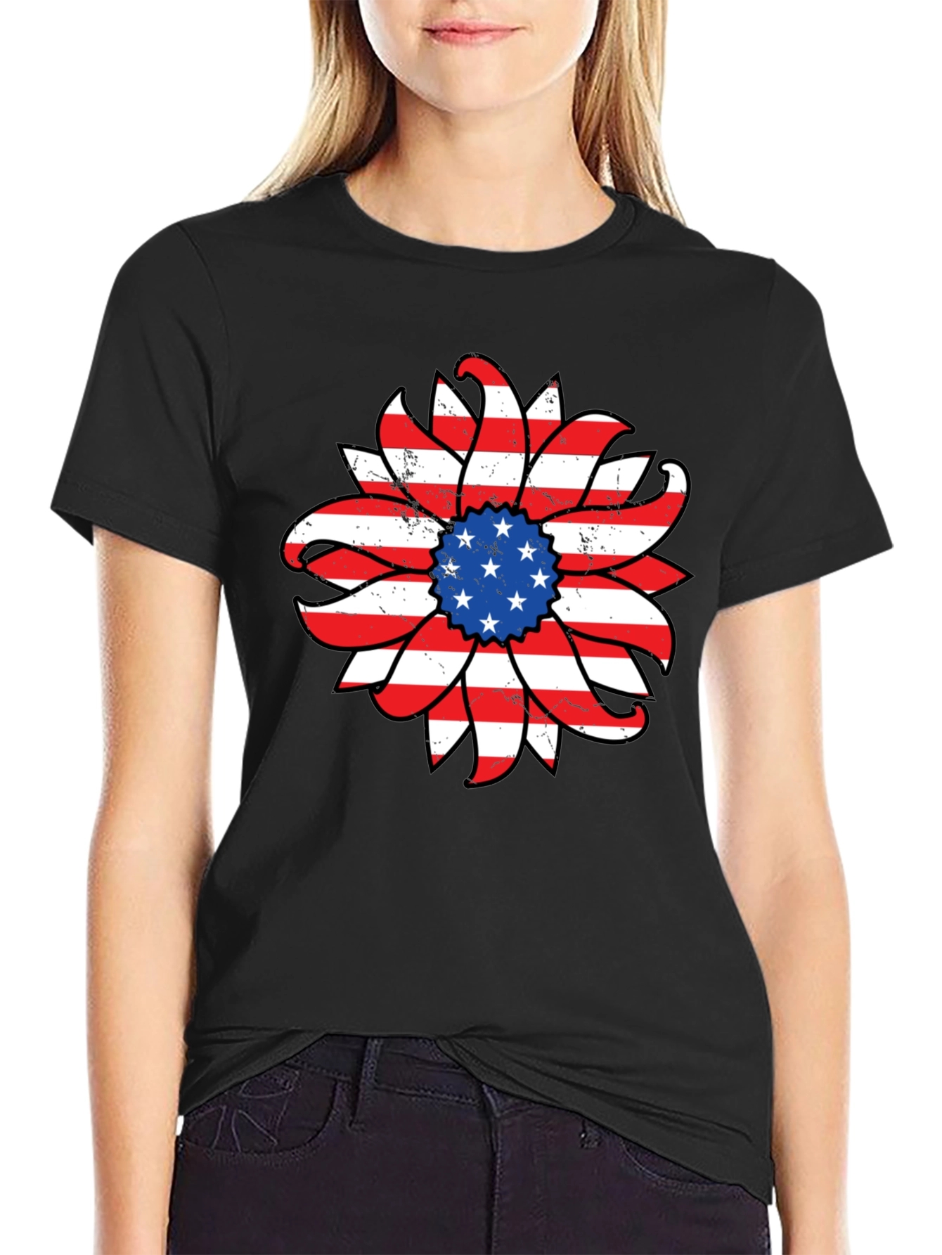American Flag Sunflower Graphic T-Shirt