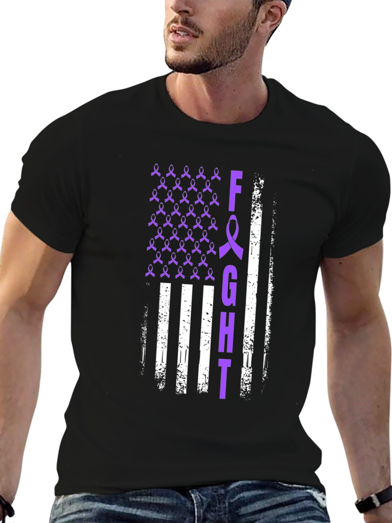 Fight T-Shirt Purple Ribbon American Flag Design