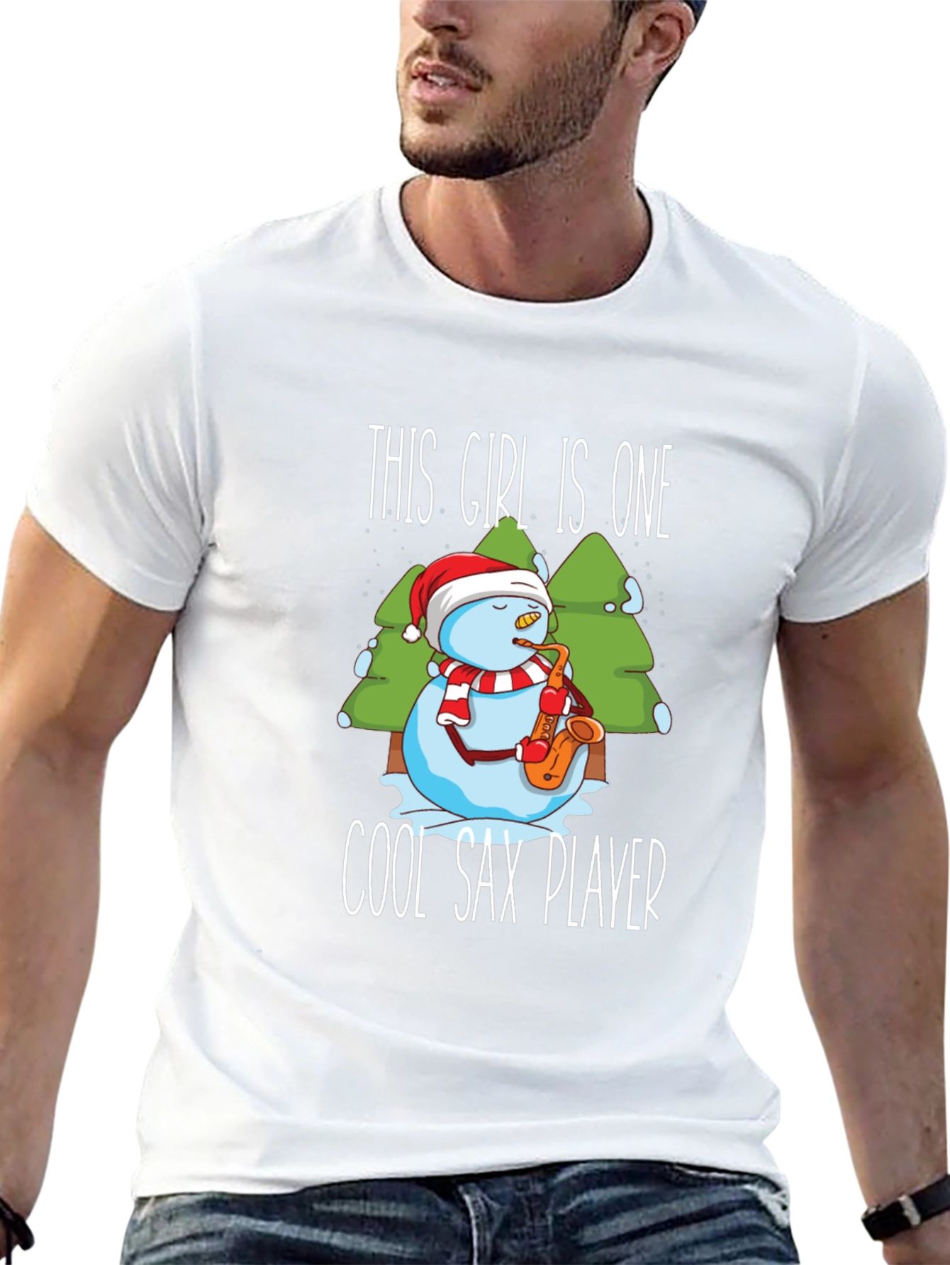 Cool Sax Player Snowman Graphic T-Shirt