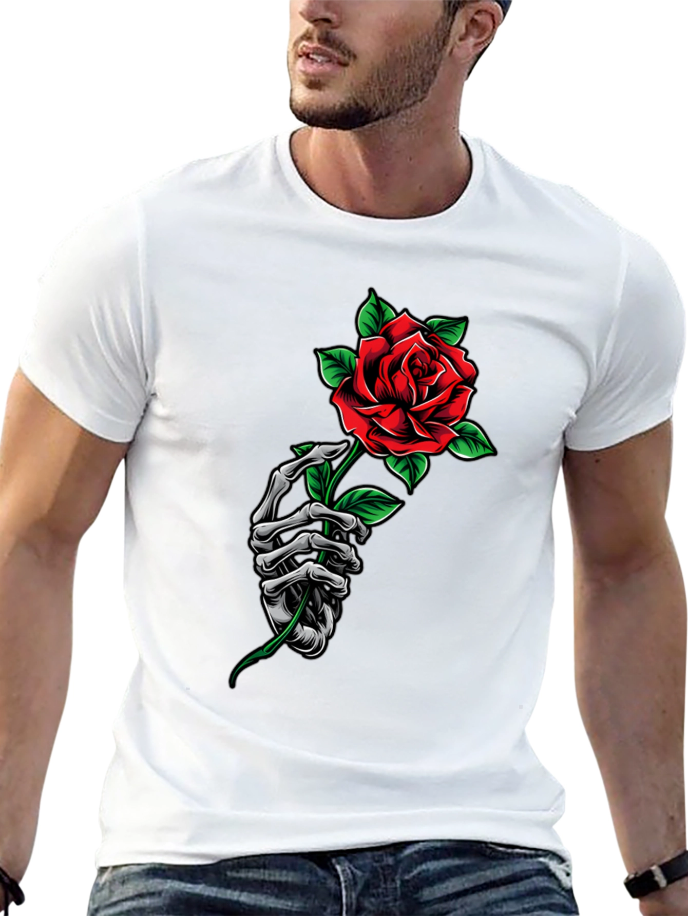 Rose Skeleton Hand Graphic Tee - Dark Aesthetic