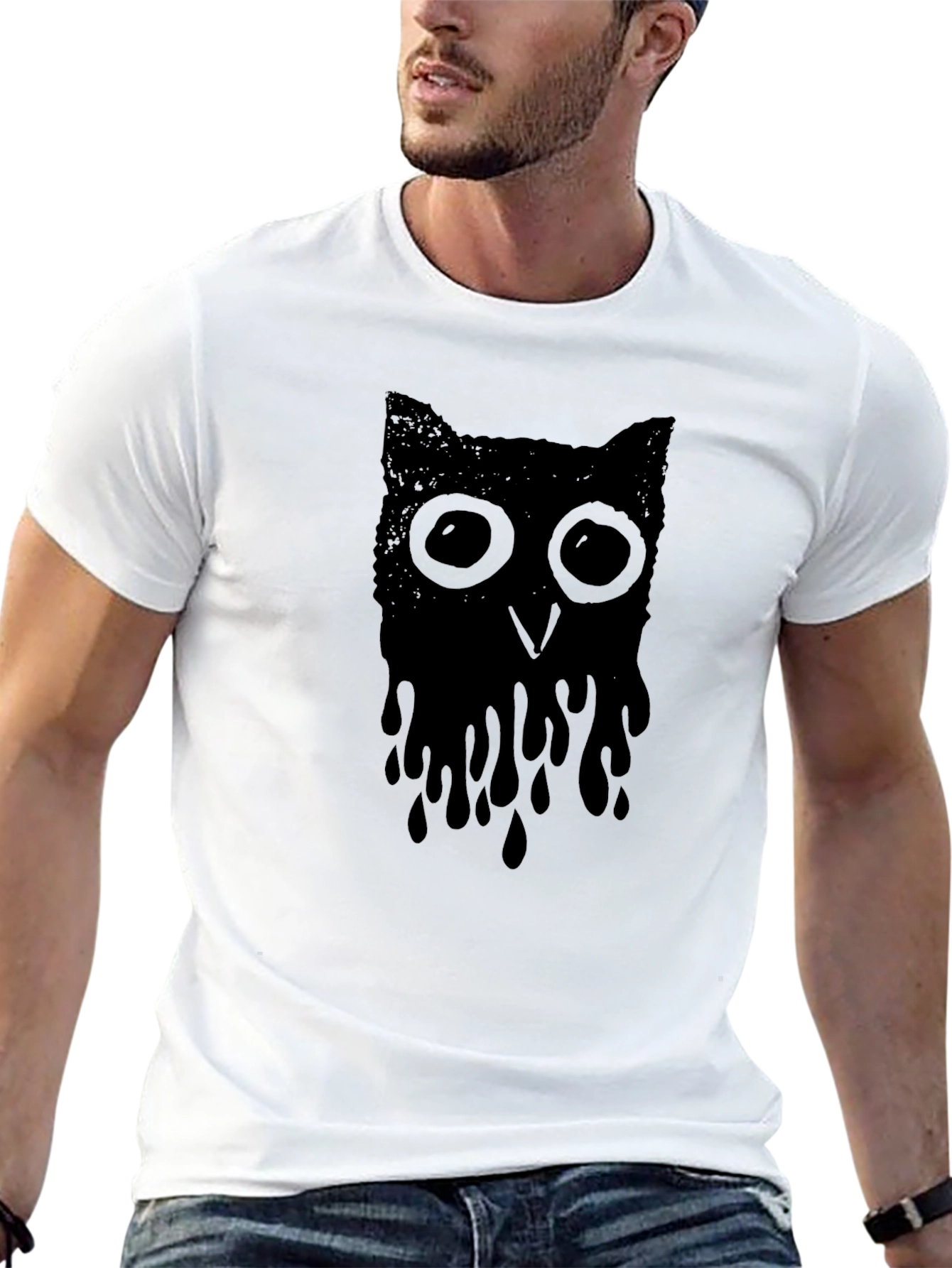 Melting Owl Graphic Tee - Black Crew Neck T-Shirt