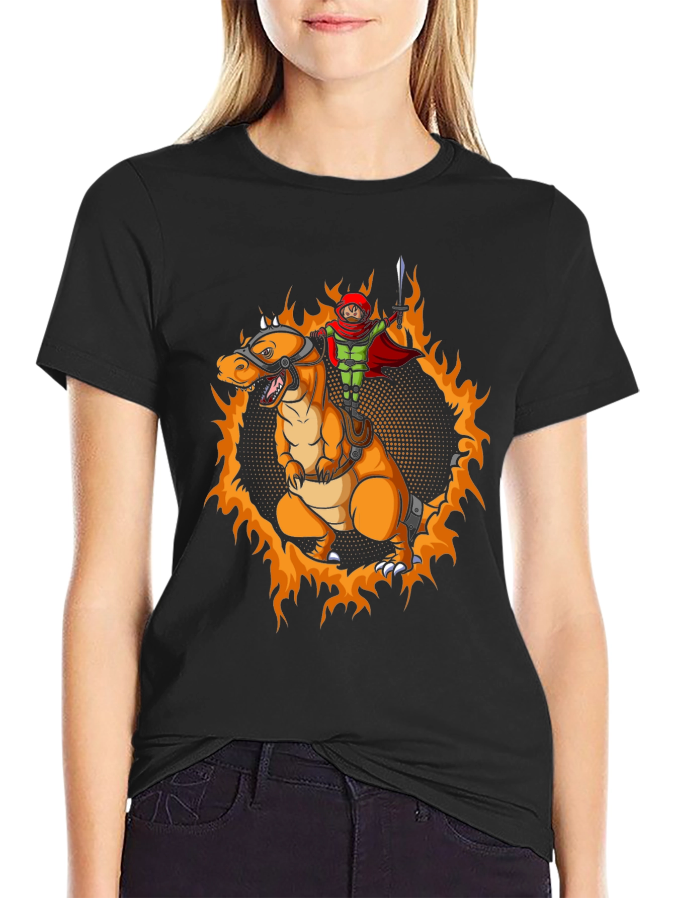 Fiery Dragon Rider Graphic Tee - Black