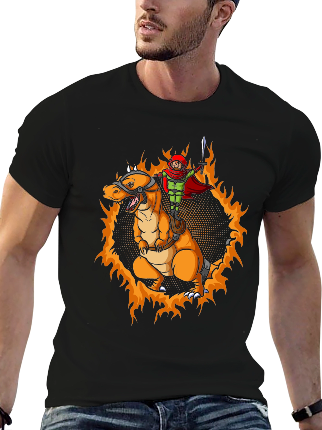 Fiery Dragon Rider Graphic Tee - Black