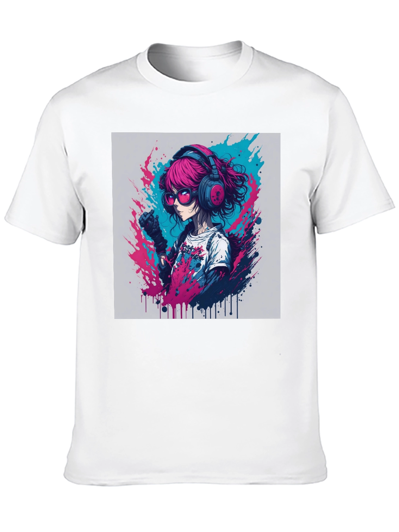 Anime Girl Graphic Tee - Pink Hair Headphones