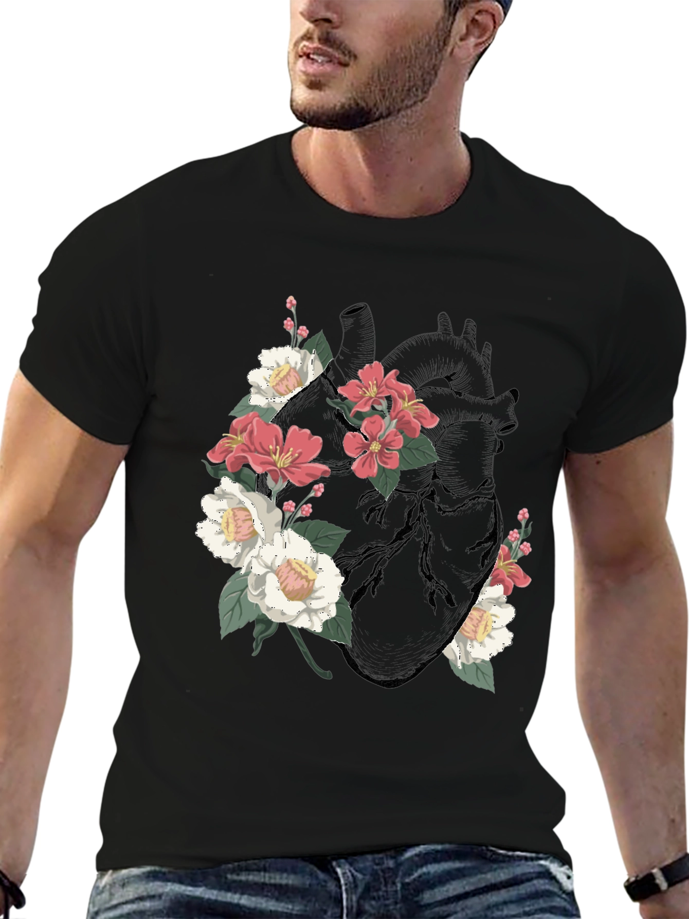 Floral Heart Graphic T-Shirt - Black