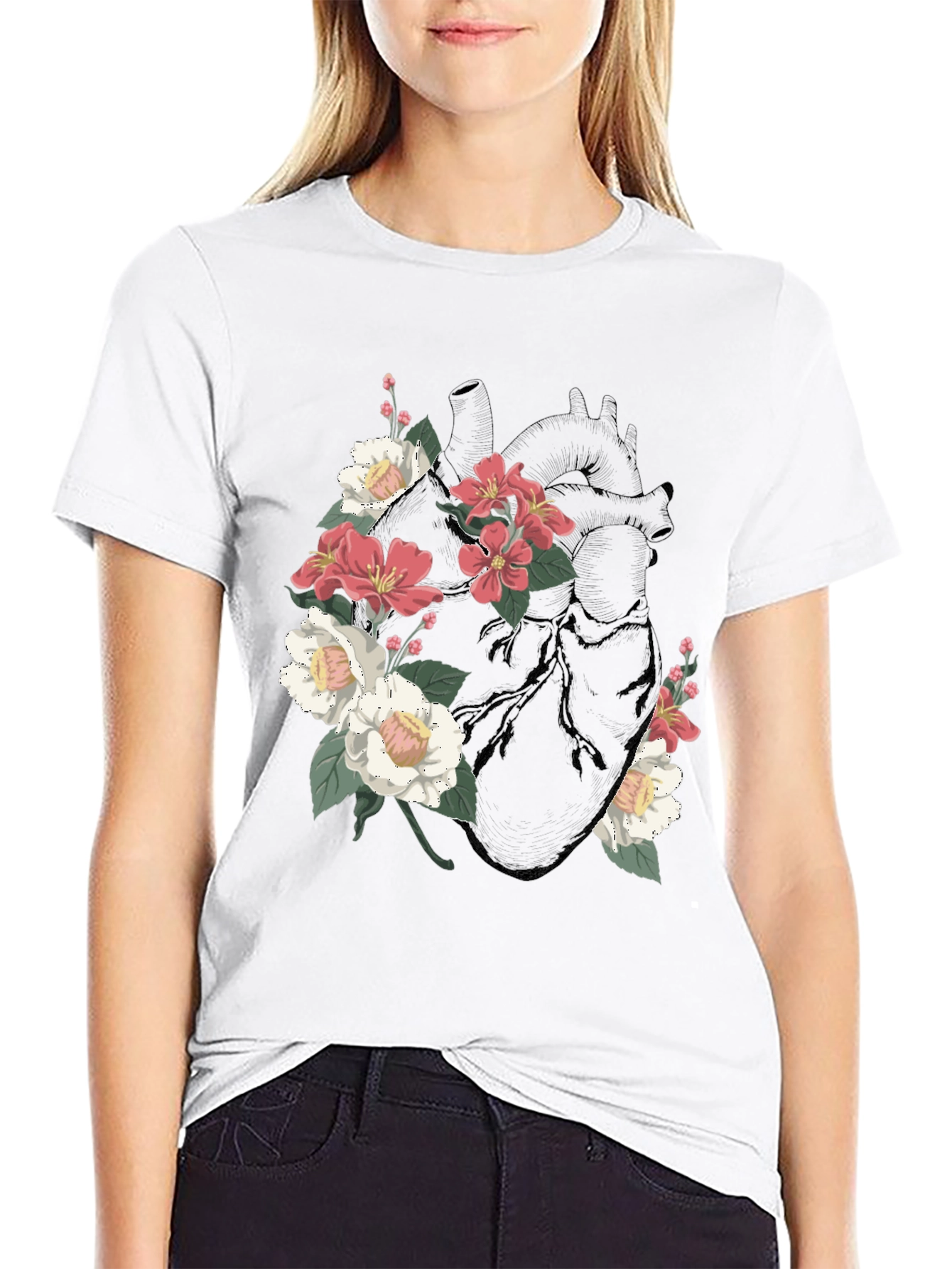 Floral Heart Graphic T-Shirt - Black