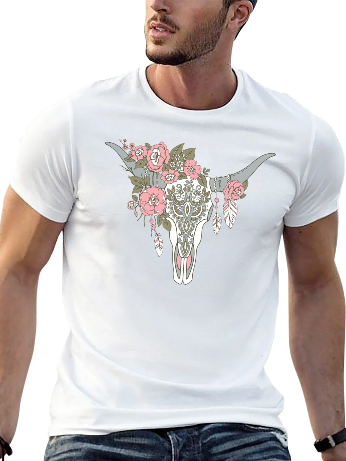 Floral Steer Skull Graphic Tee - Black